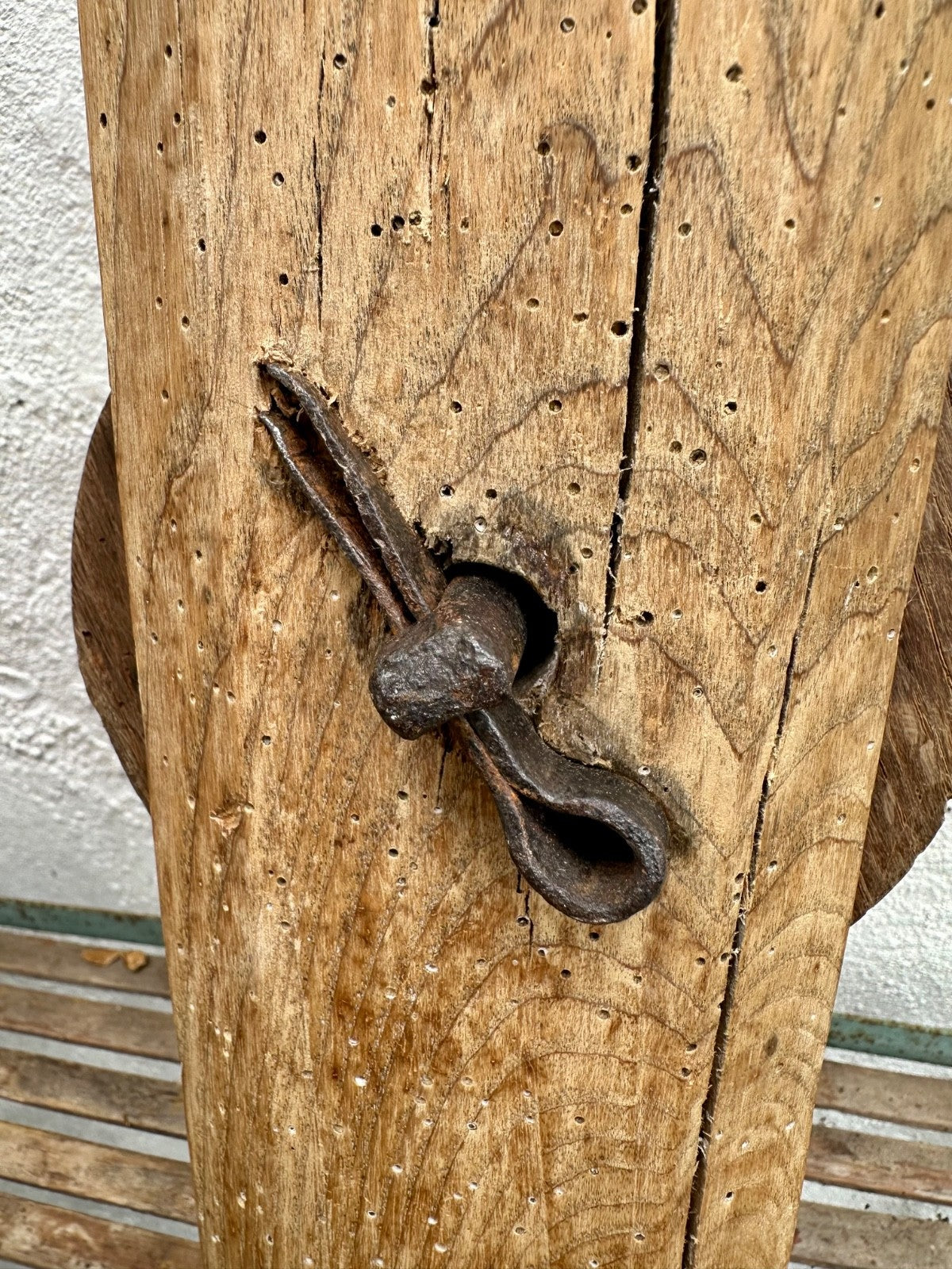 Large Antique Wooden Pulley & Block Oak Forged Iron French Barn Ship Folk Art4