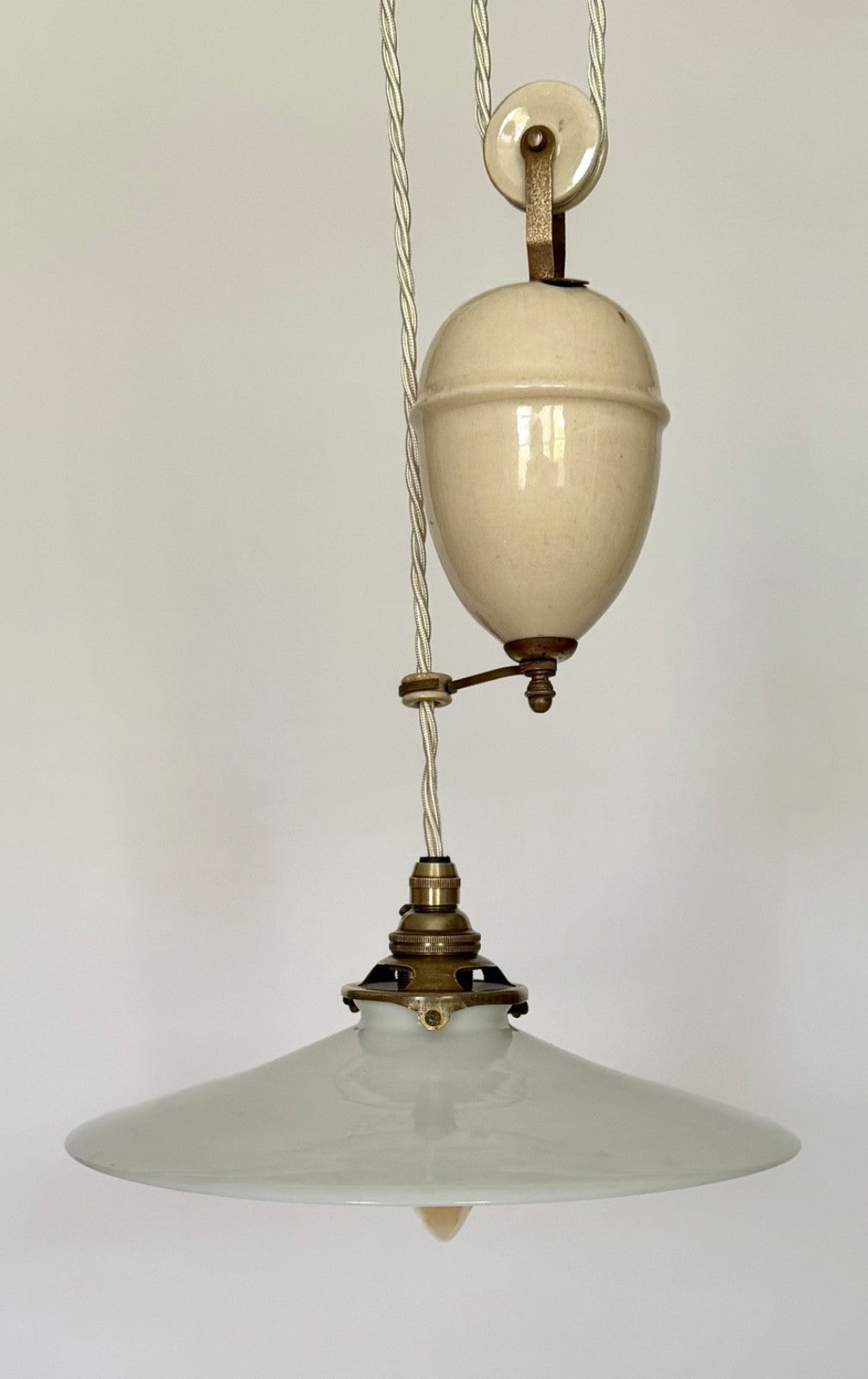 Antique original French rise & fall ceiling light opaline coolie glass shade T3