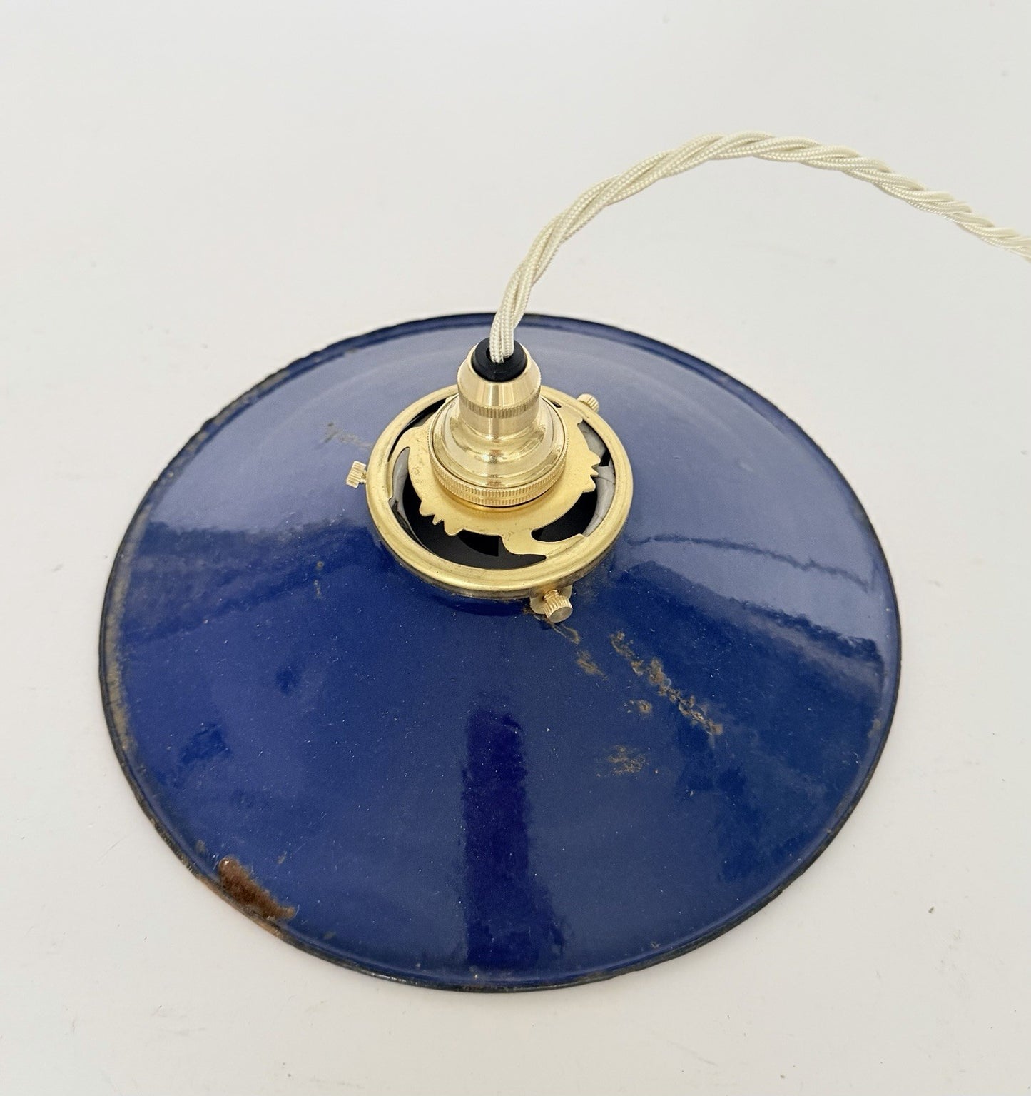 Vintage French blue enamel metal coolie ceiling light with ivory twist flex A4