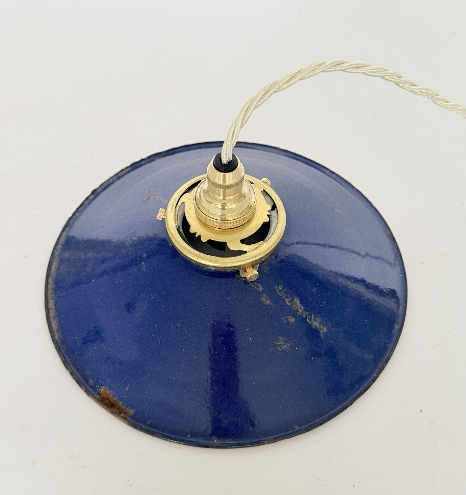 Vintage French blue enamel metal coolie ceiling light with ivory twist flex A4