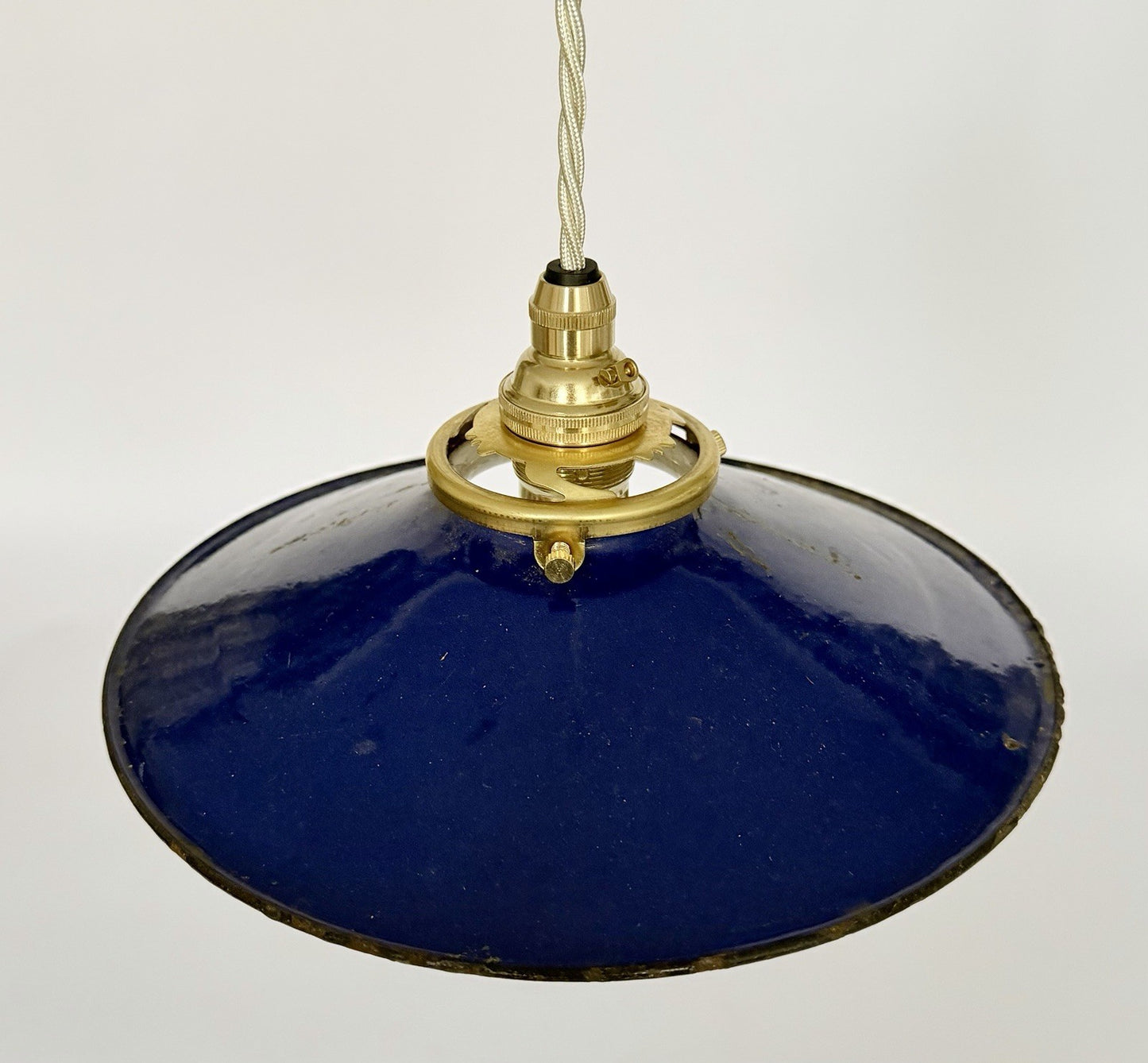 Vintage French blue enamel metal coolie ceiling light with ivory twist flex A2