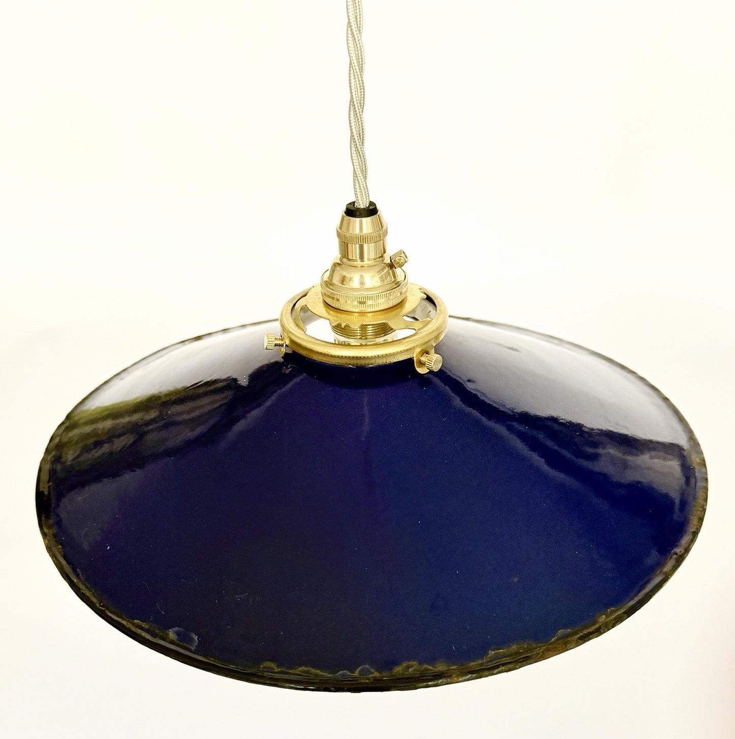 Vintage French blue enamel metal coolie ceiling light with ivory twist flex B1