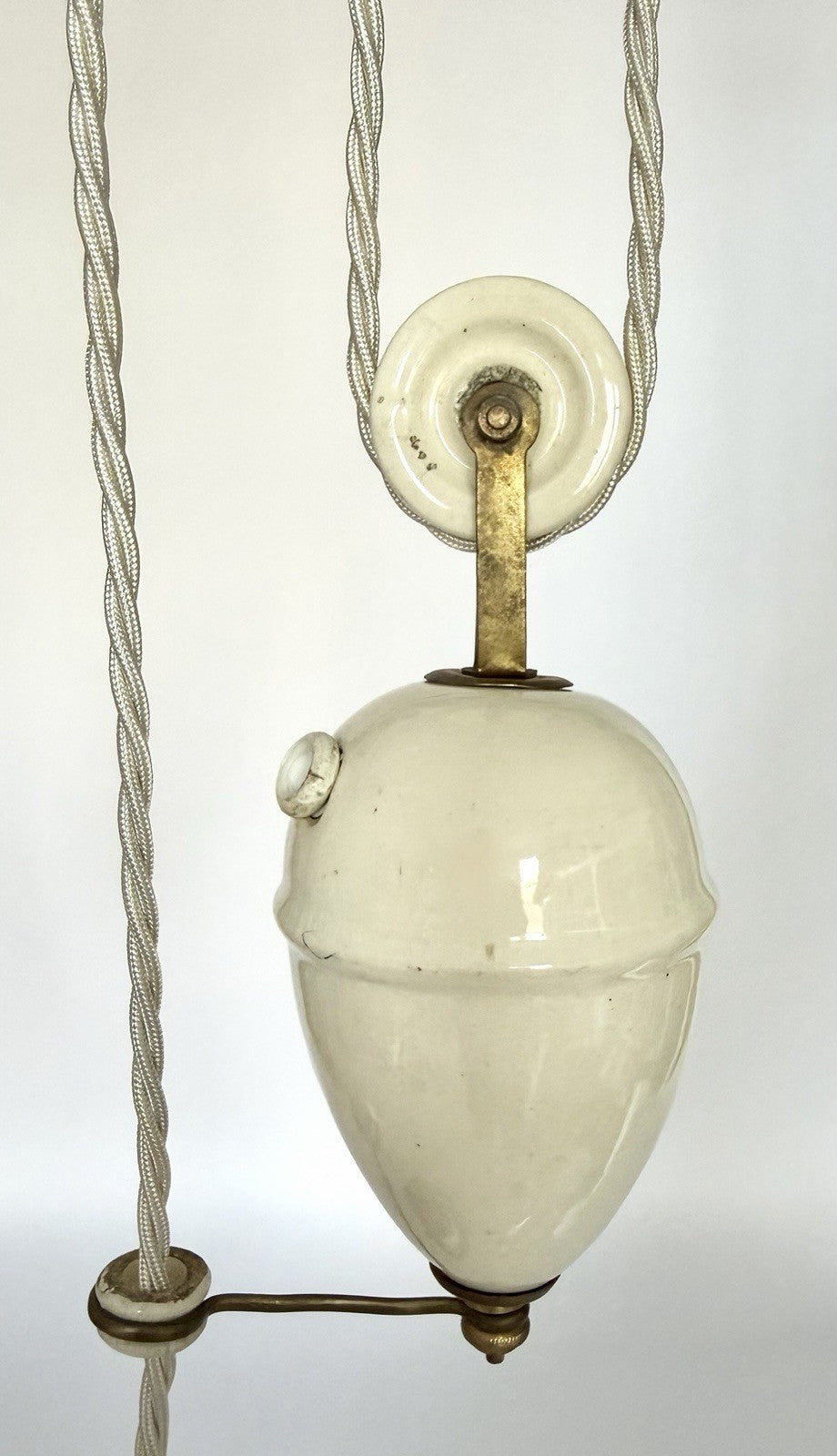 Vintage original French rise & fall ceiling light pleated opaline glass shade S2