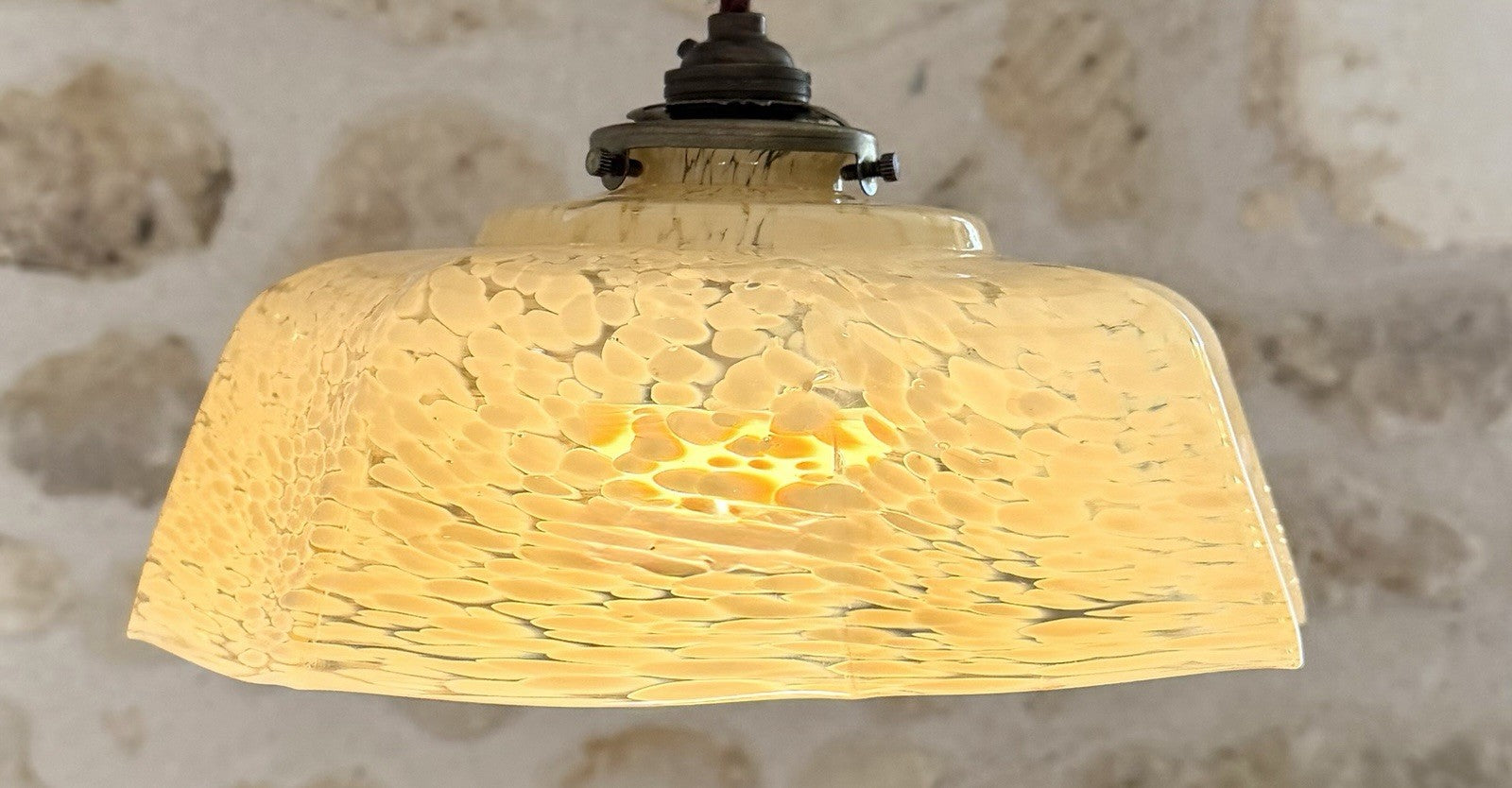 Vintage French marbled glass ceiling light shade pale yellow umbrella + fittings1