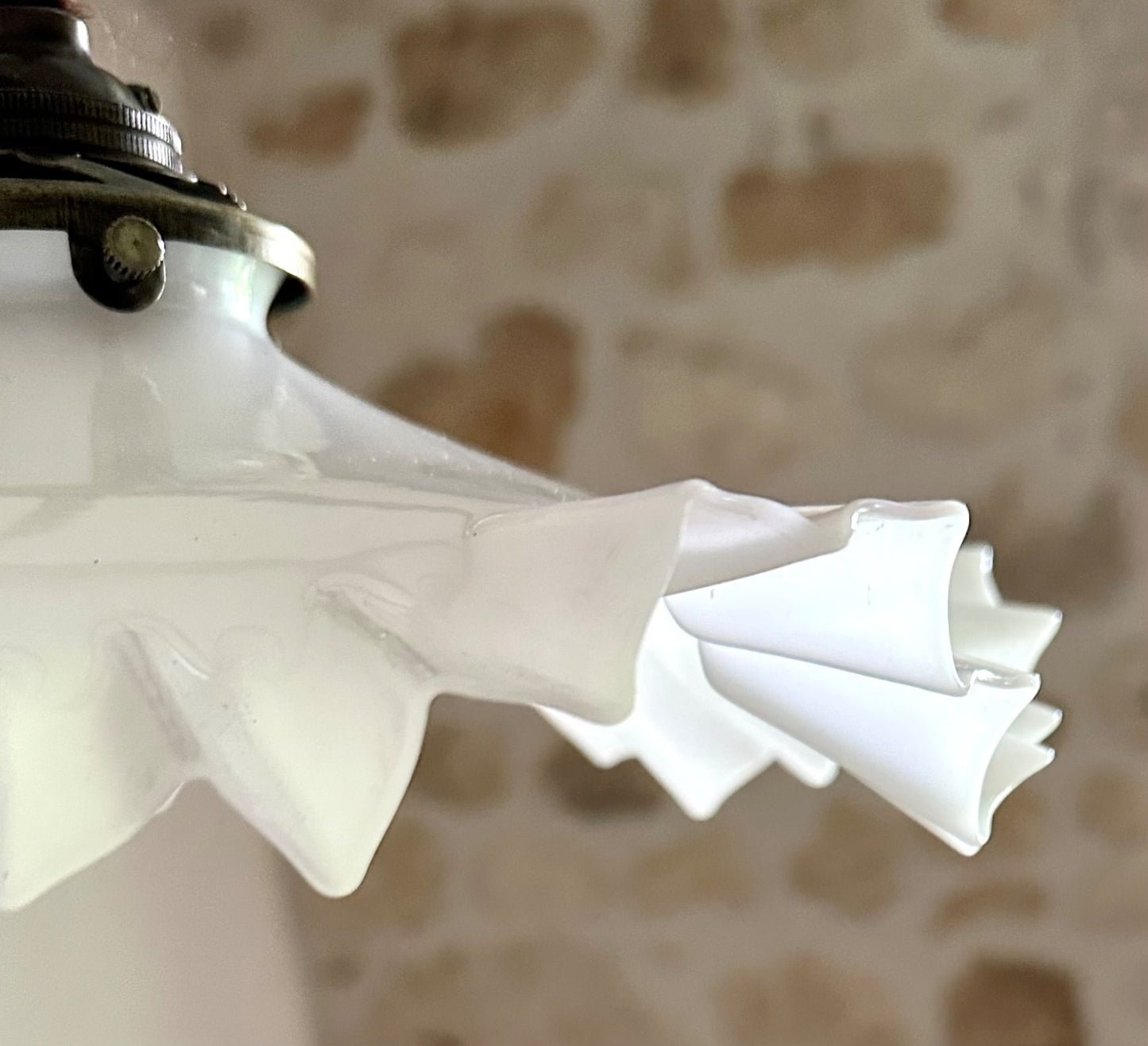 Vintage French opaline glass wavy pleated coolie light shade white + fittings1