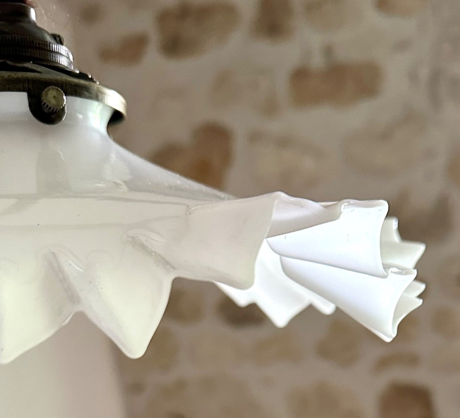 Vintage French opaline glass wavy pleated coolie light shade white + fittings1