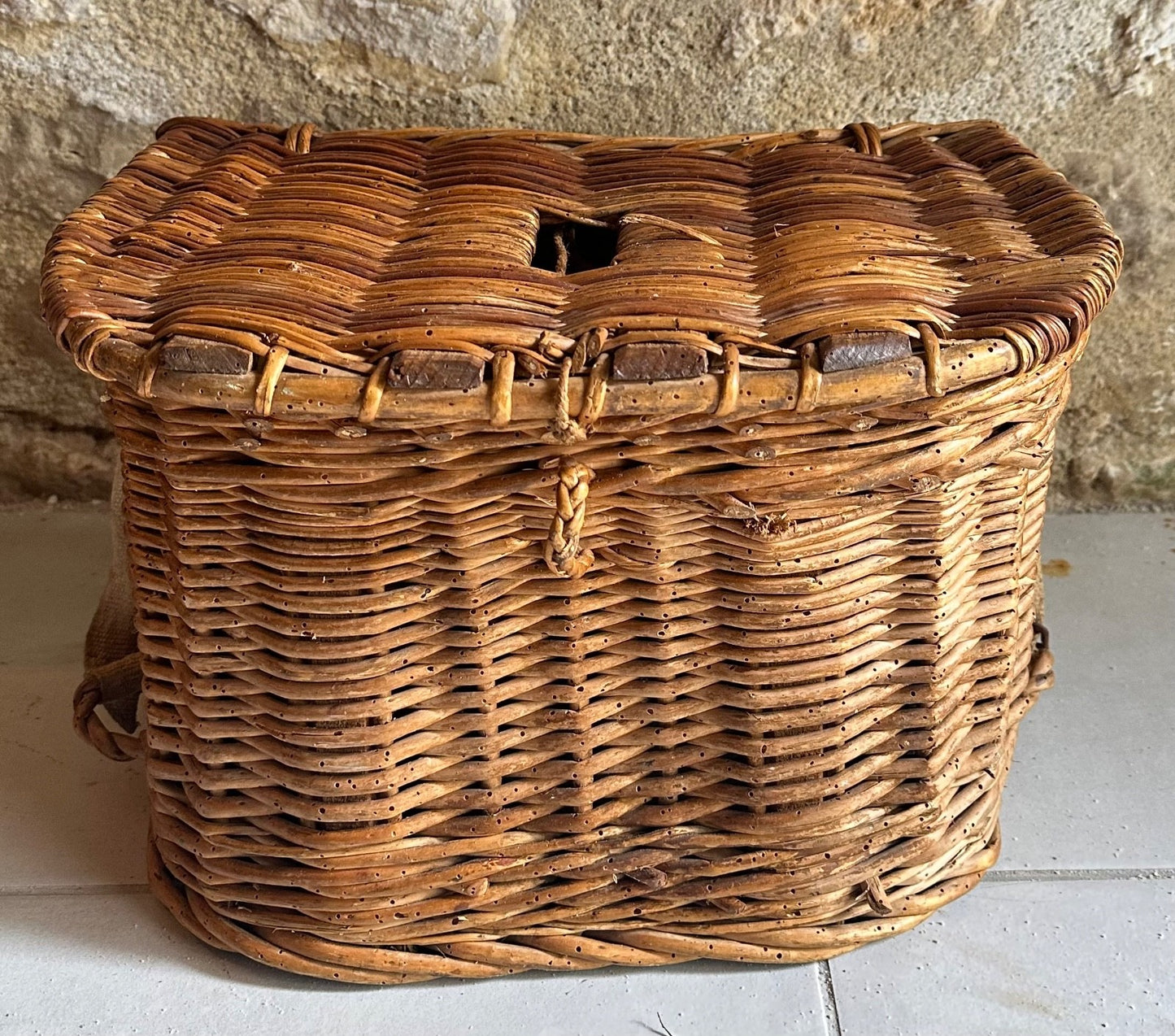 Large Antique French Wicker + Wood Fishing Creel Anglers Kitchen Basket 42cm1