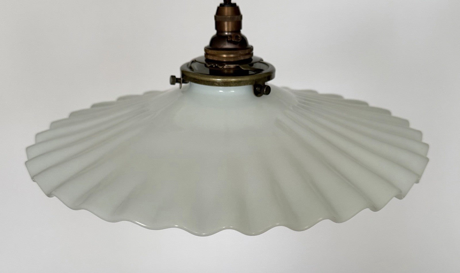 Vintage original French opaline milk glass pleated coolie light shade + fittings4