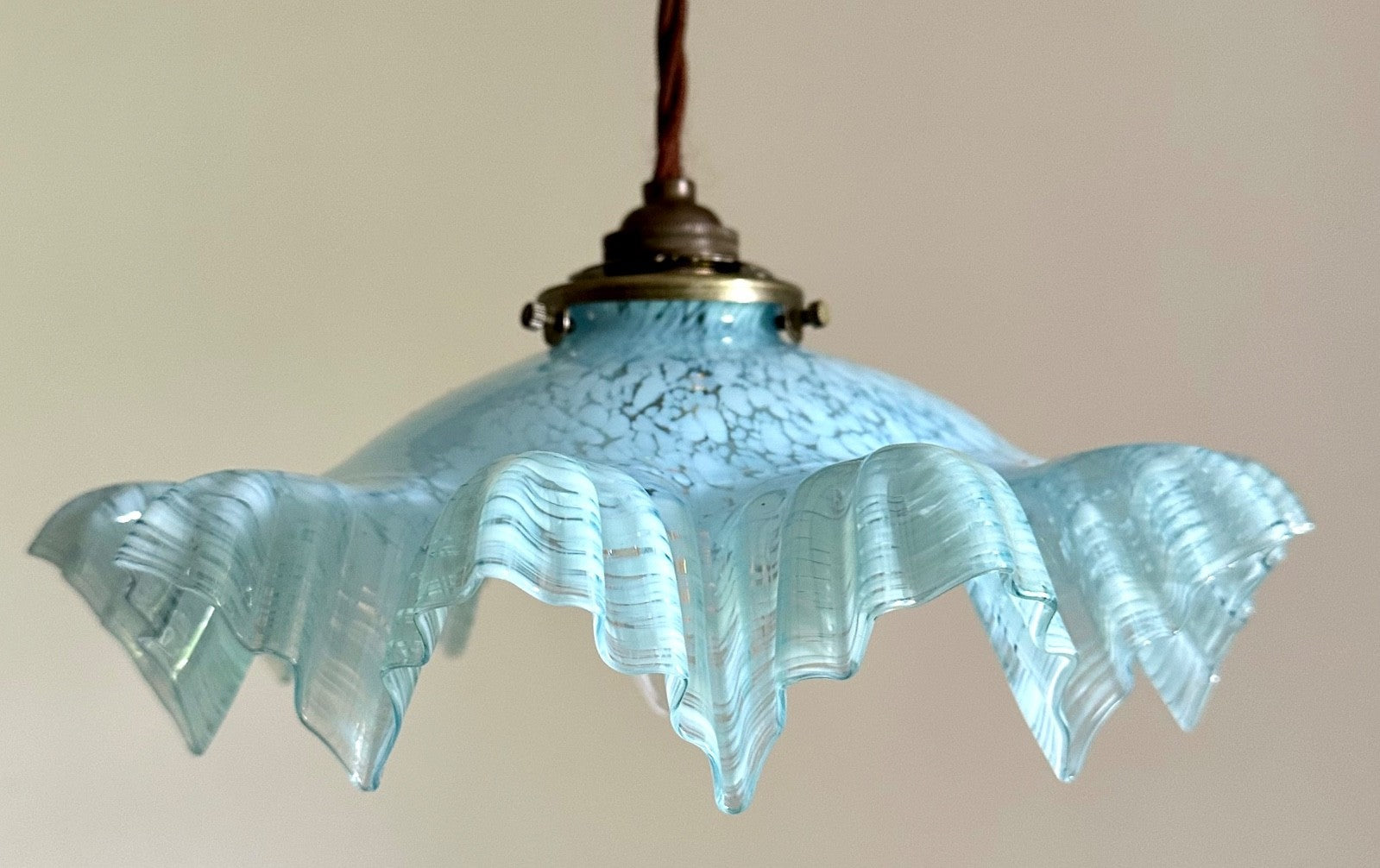 Vintage French marbled glass frilly coolie light shade blue + brass fittings4