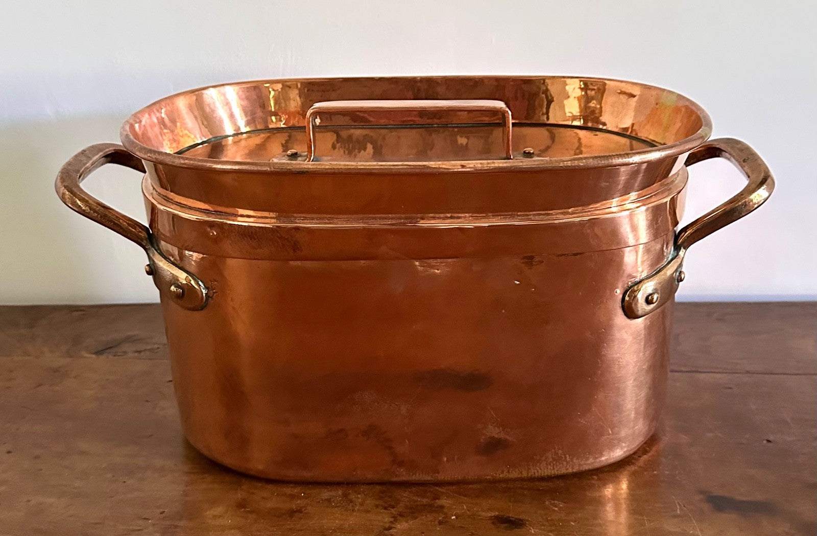 Antique French copper braisière 18thC daubière 41cm dovetail roasting pan0