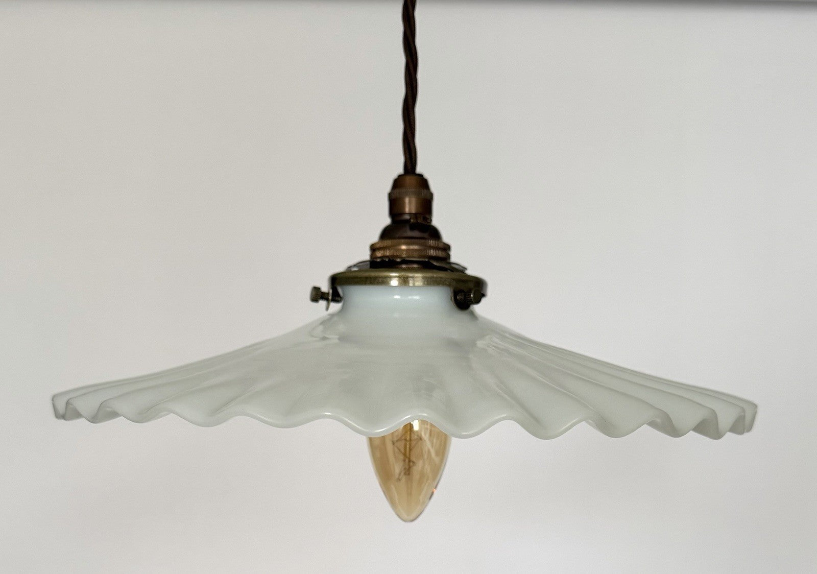 Vintage original French opaline milk glass pleated coolie light shade + fittings3