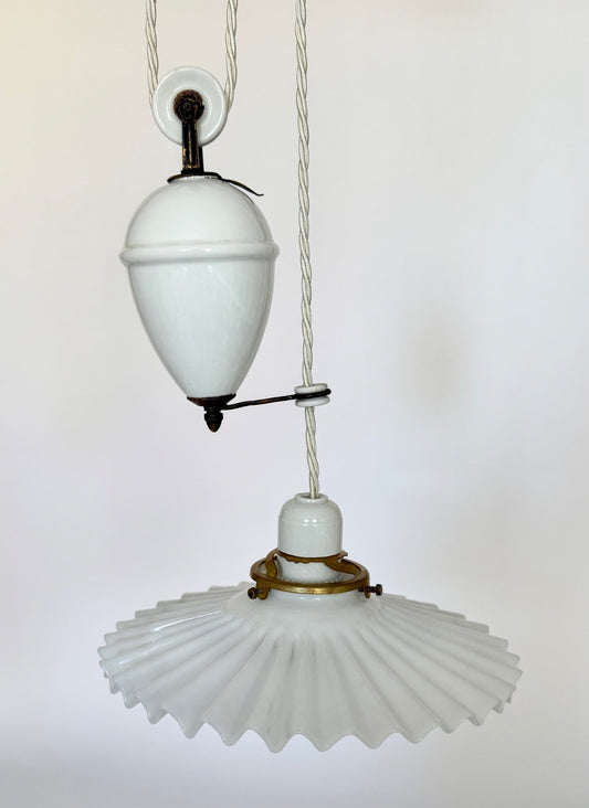 Vintage original French rise & fall ceiling light pleated opaline glass shade S0