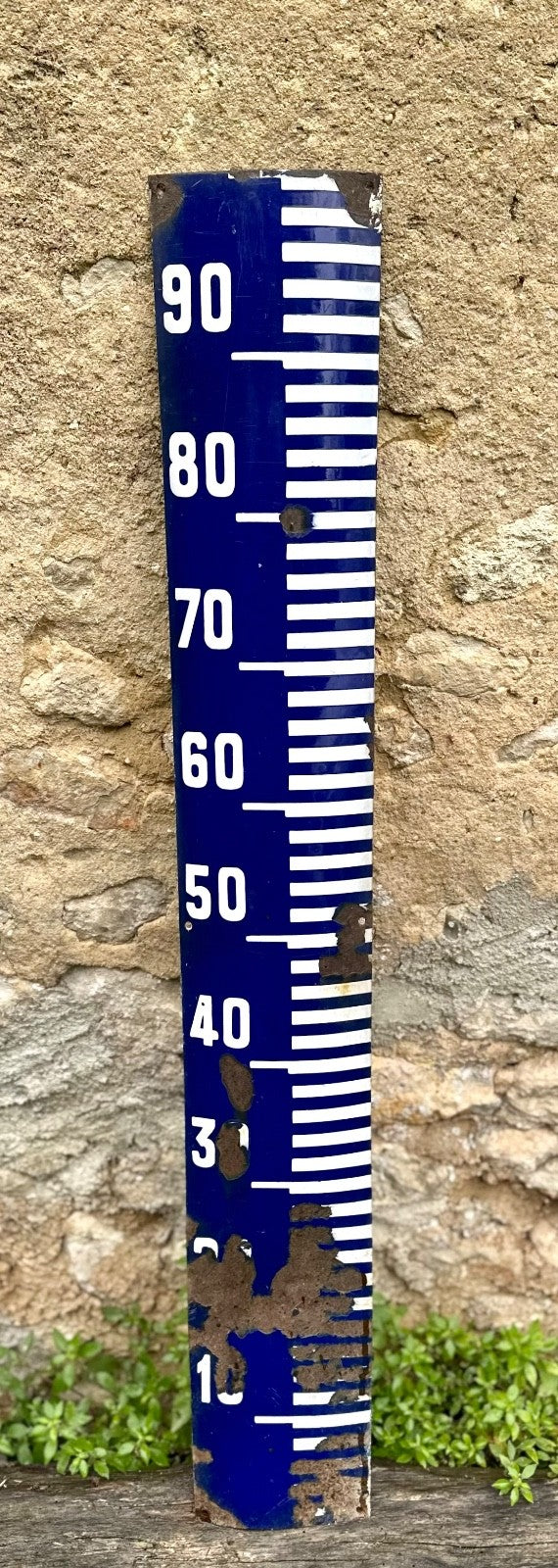 Vintage enamel water river depth gauge sign 1m x 15cm cobalt blue white2