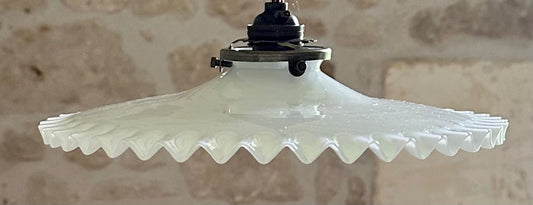 Vintage French all opaline piecrust coolie light shade & brass fittings0