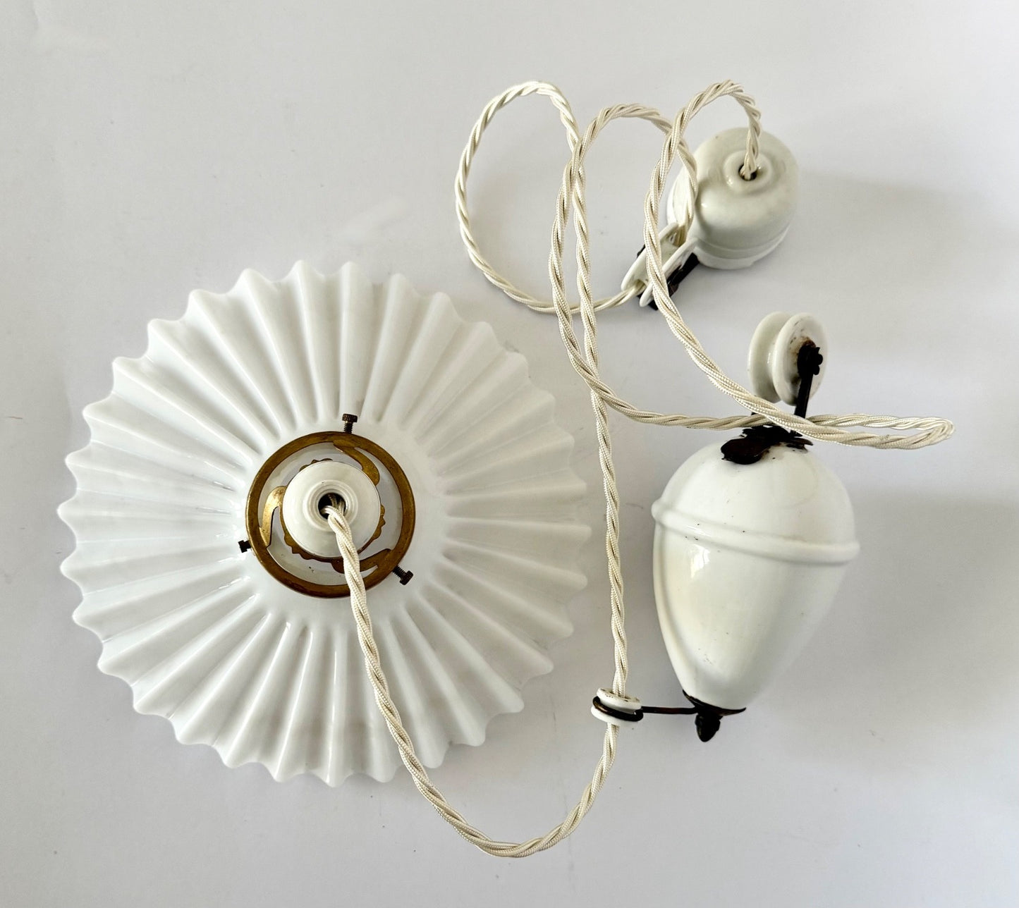 Vintage original French rise & fall ceiling light pleated opaline glass shade S5