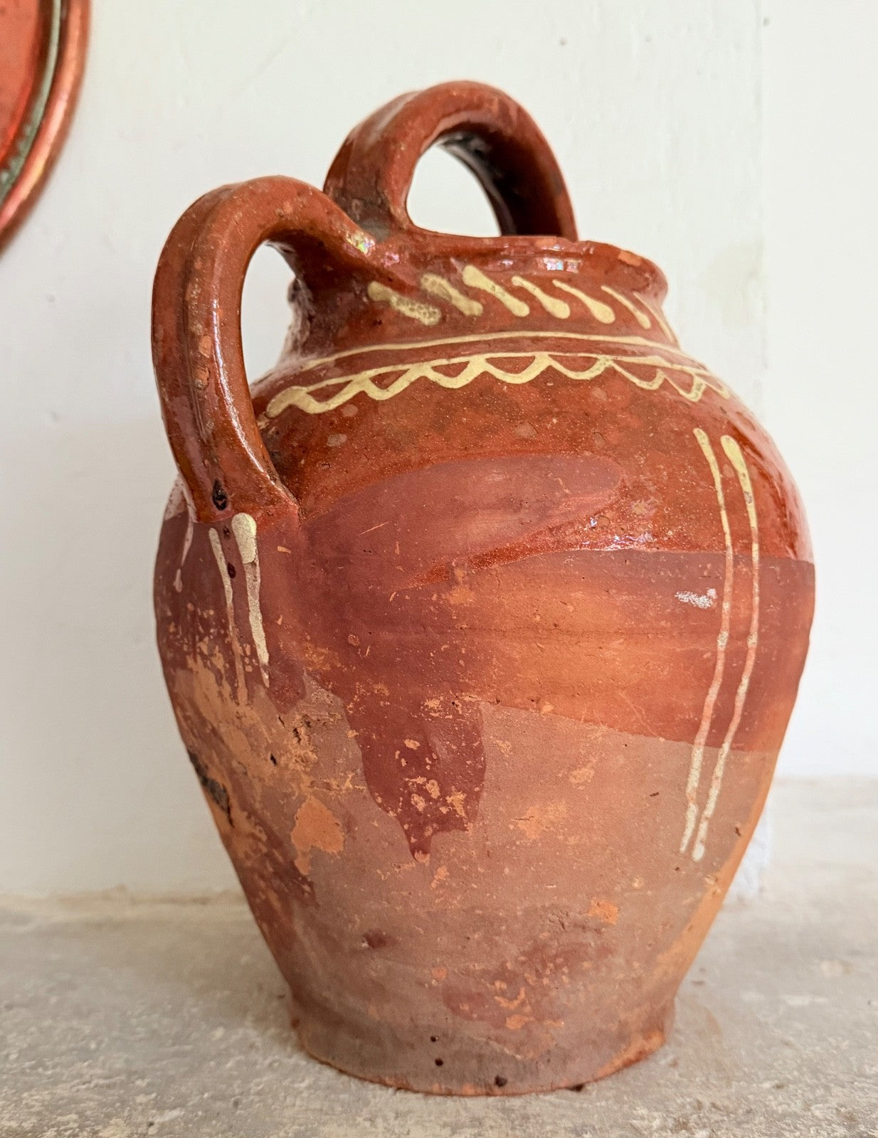 Antique French Saône terracotta gargoulette jug pitcher decorated slipware 19thC3