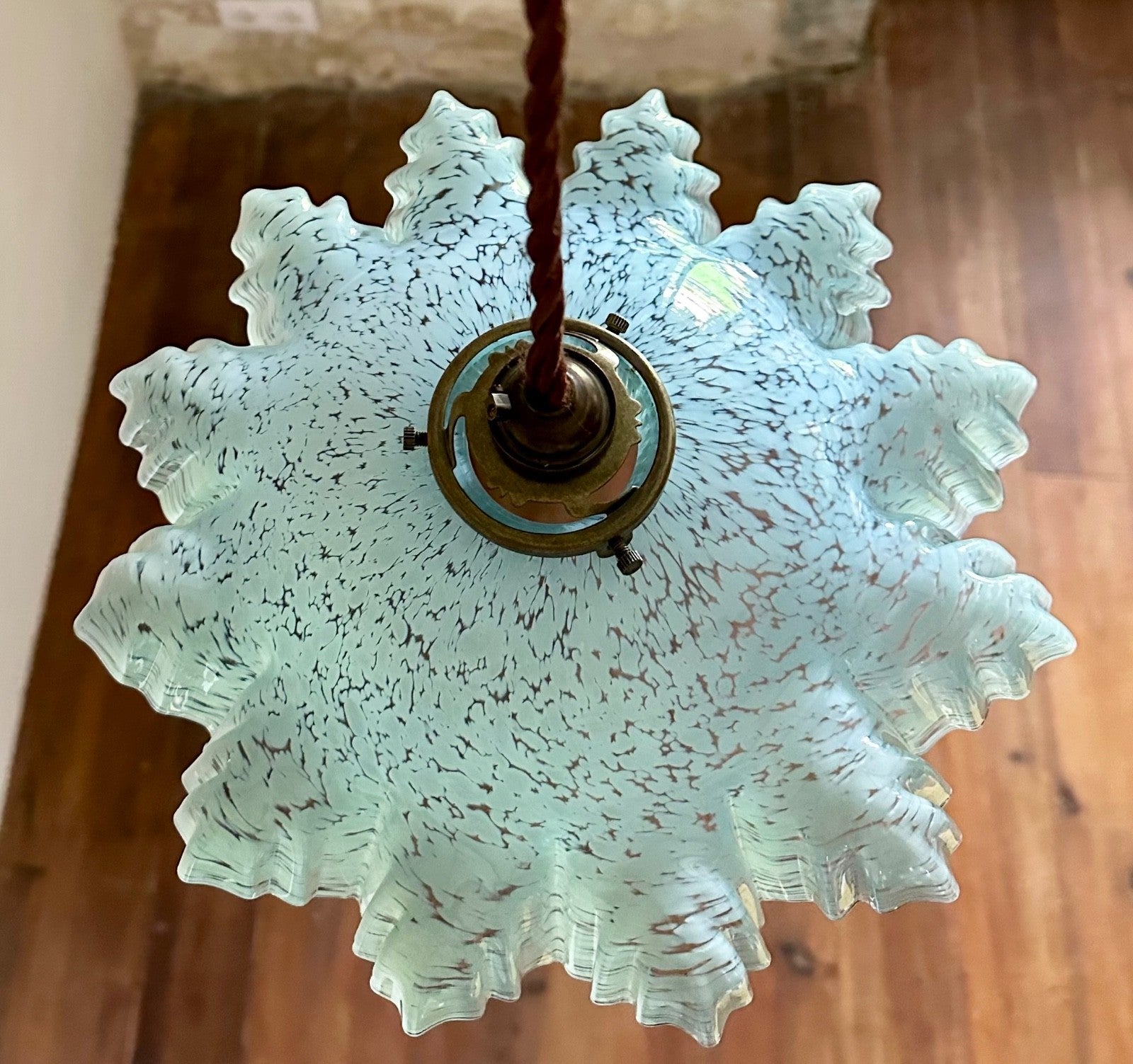 Vintage French marbled glass frilly coolie light shade blue + brass fittings3