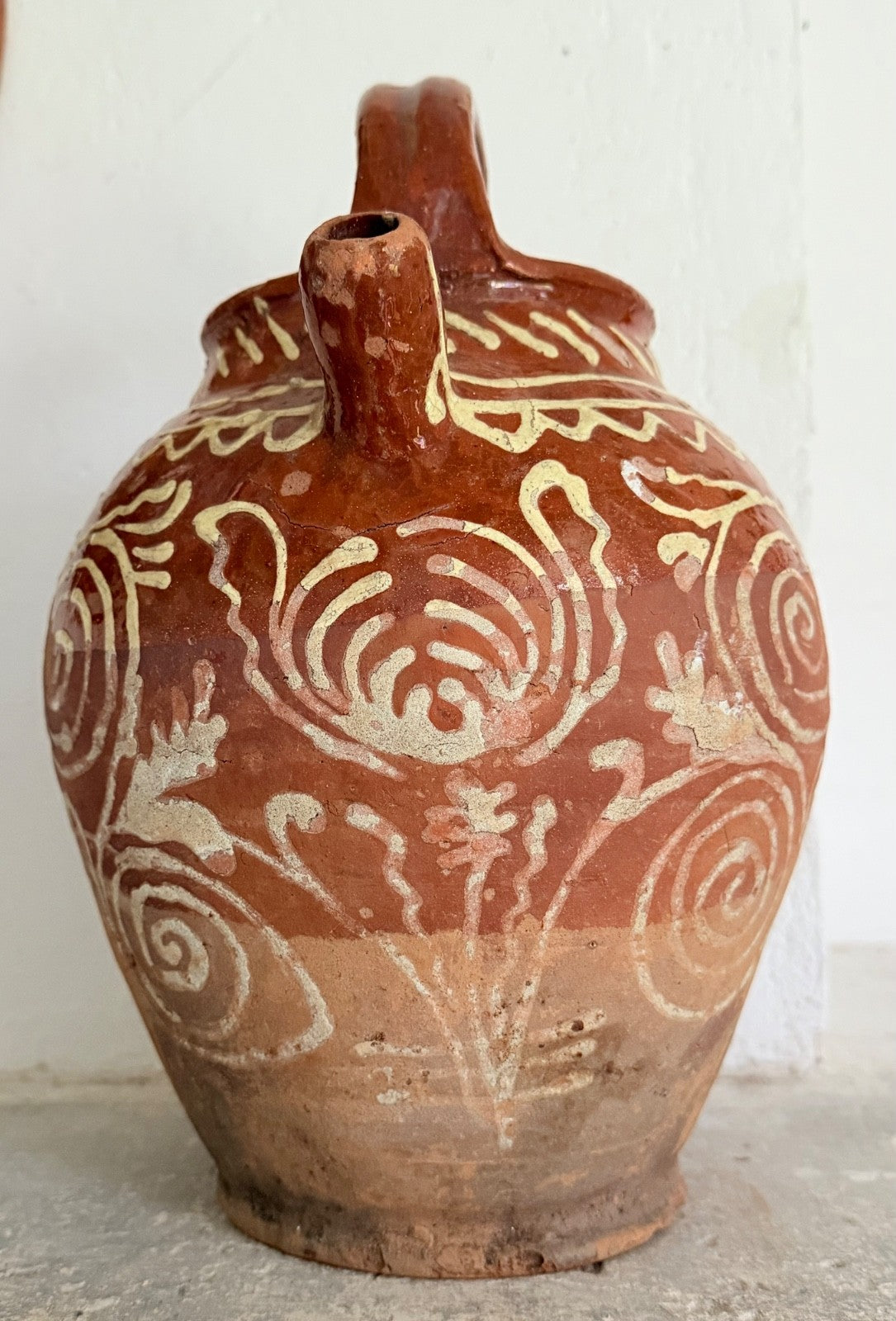 Antique French Saône terracotta gargoulette jug pitcher decorated slipware 19thC5