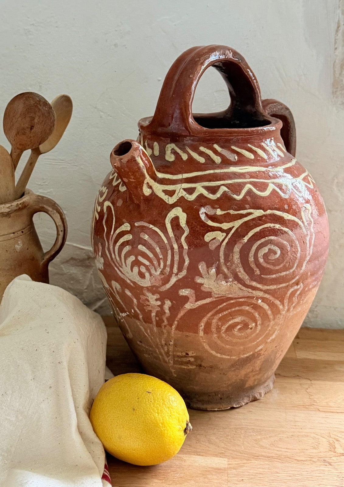 Antique French Saône terracotta gargoulette jug pitcher decorated slipware 19thC1