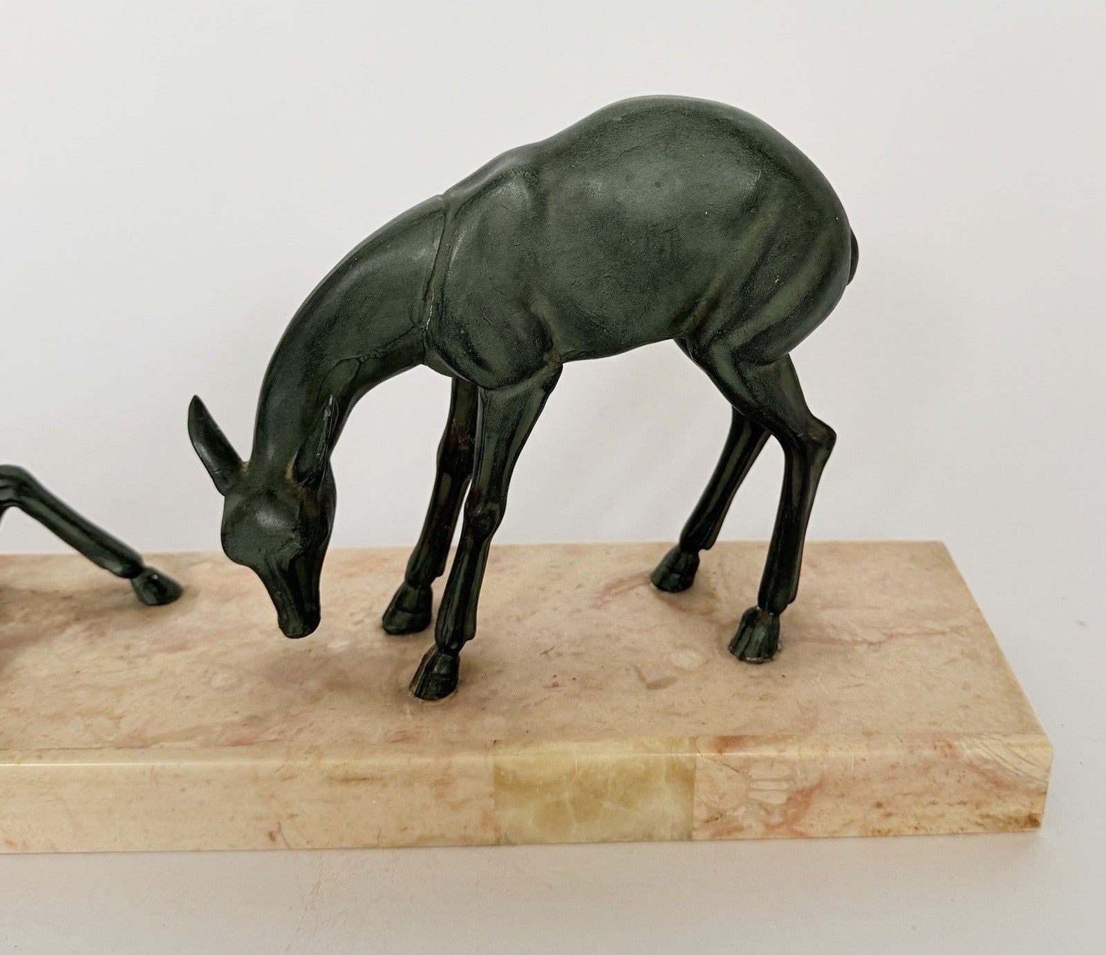 Original French Art Deco Gazelle Mantelpiece Sculpture Spelter Marble 1930s2