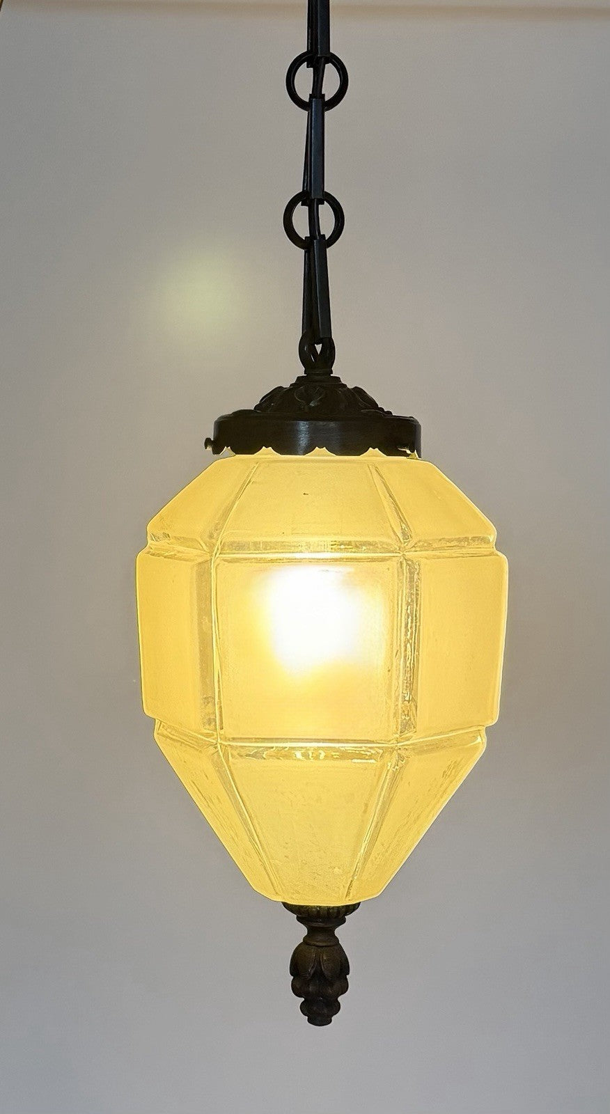 Antique French Frosted Faceted Glass Lantern Ceiling Light Chain & Rose Wired0