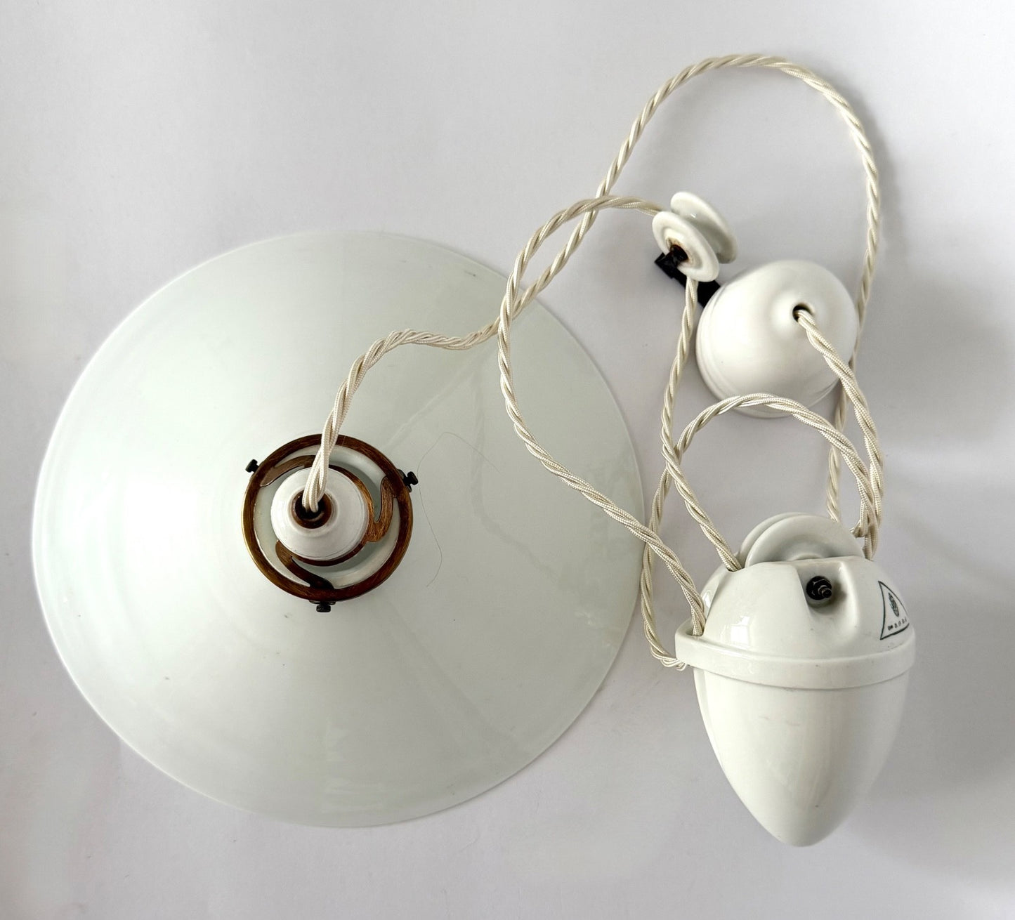 Vintage 1930s original French rise & fall ceiling light opaline glass shade H4