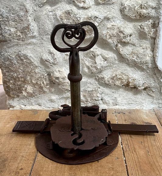 Huge antique French lock & key chateau hand forged wrought iron wishbone 18thC0