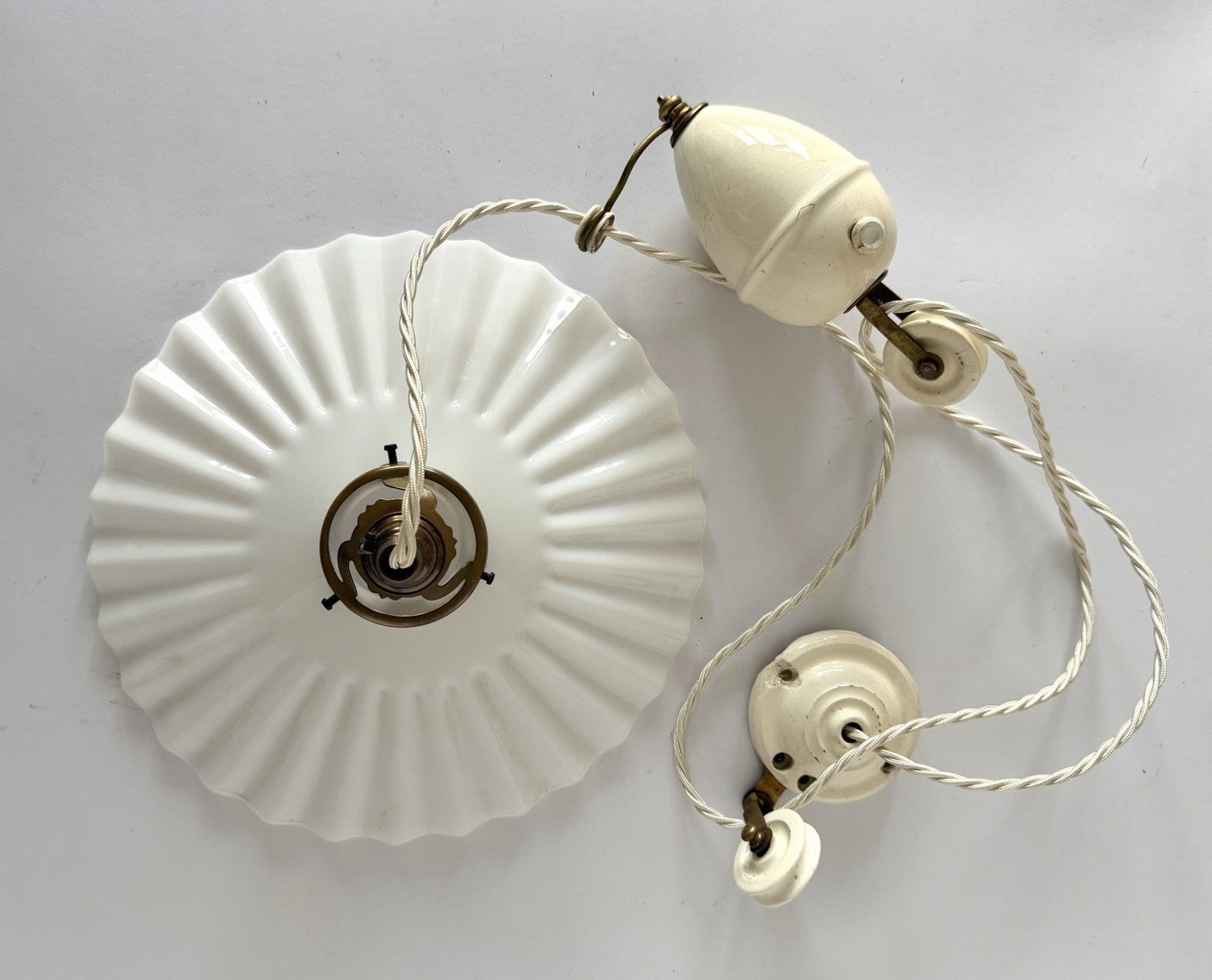 Vintage original French rise & fall ceiling light pleated opaline glass shade S7