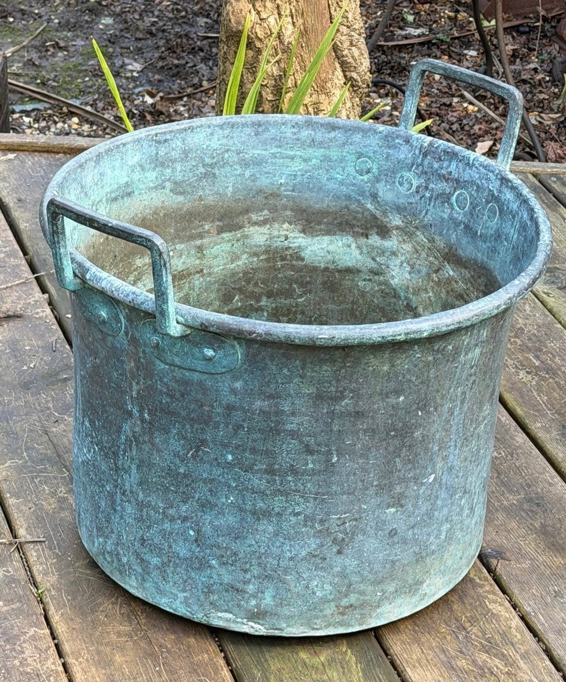 Large Antique French Copper Planter Handled Weathered Verdigree Tub Pot Log Bin2
