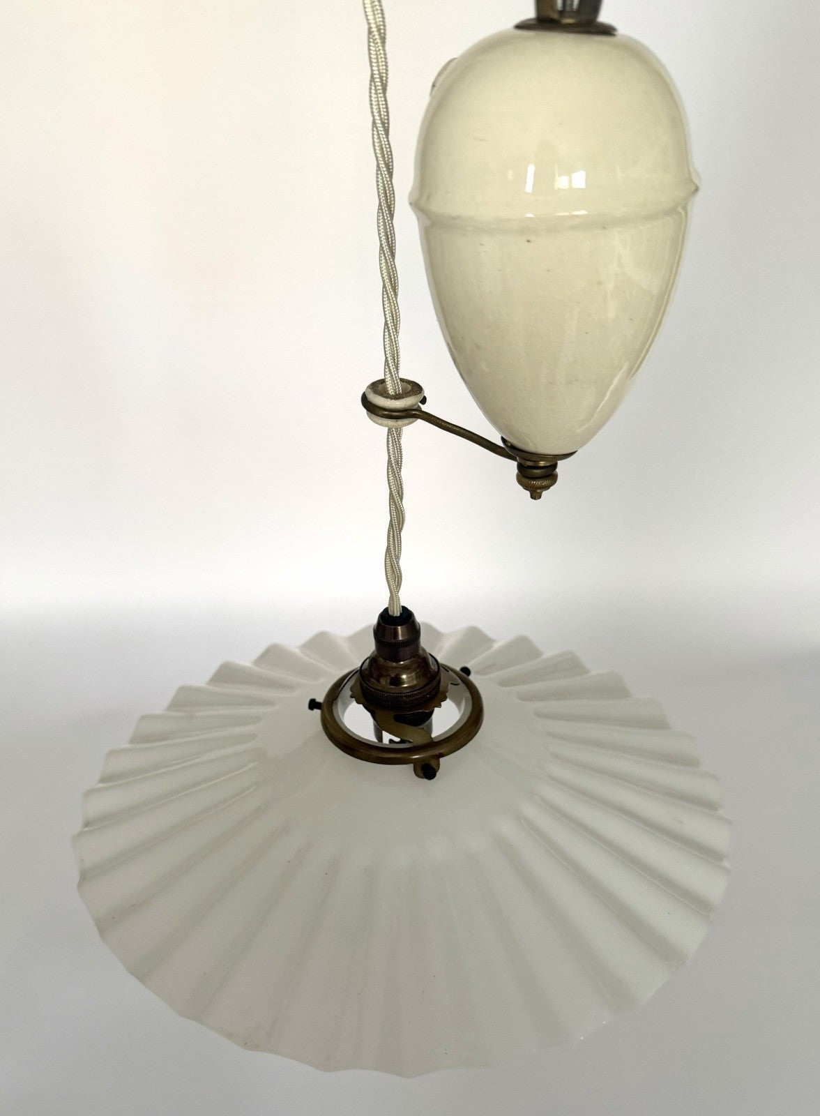 Vintage original French rise & fall ceiling light pleated opaline glass shade S3