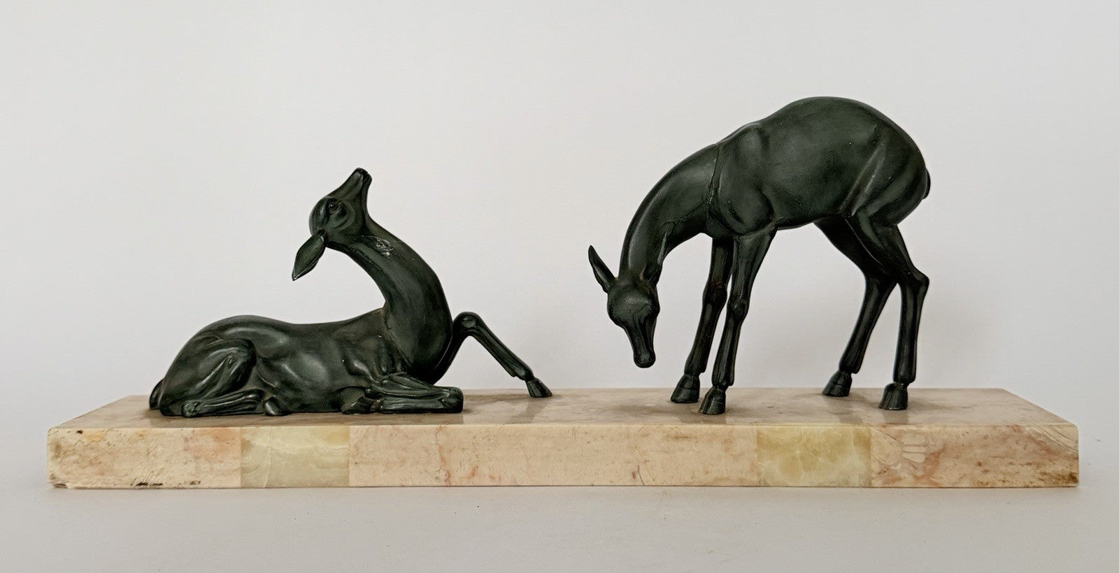 Original French Art Deco Gazelle Mantelpiece Sculpture Spelter Marble 1930s0