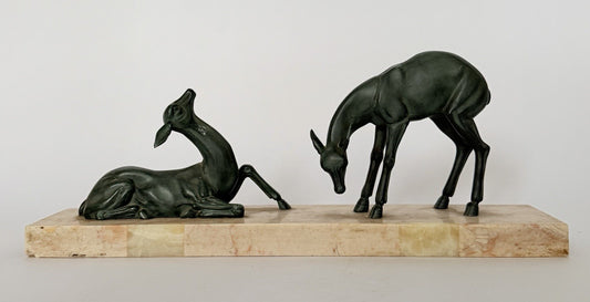 Original French Art Deco Gazelle Mantelpiece Sculpture Spelter Marble 1930s0