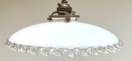 Vintage French opaline fused glass domed piecrust coolie light shade & fittings0