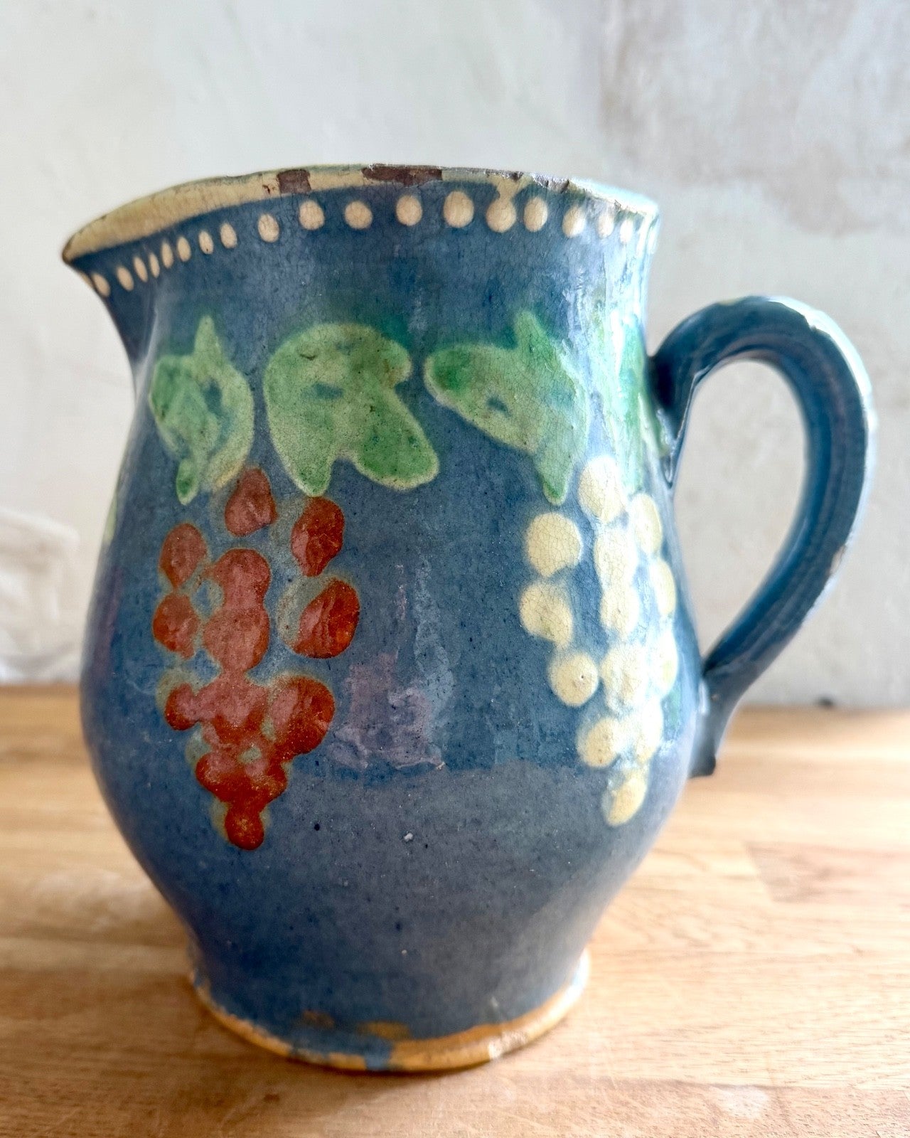 Large Antique 19th C French Jug Alsace Savoie Terracotta Pitcher Blue Decorated0