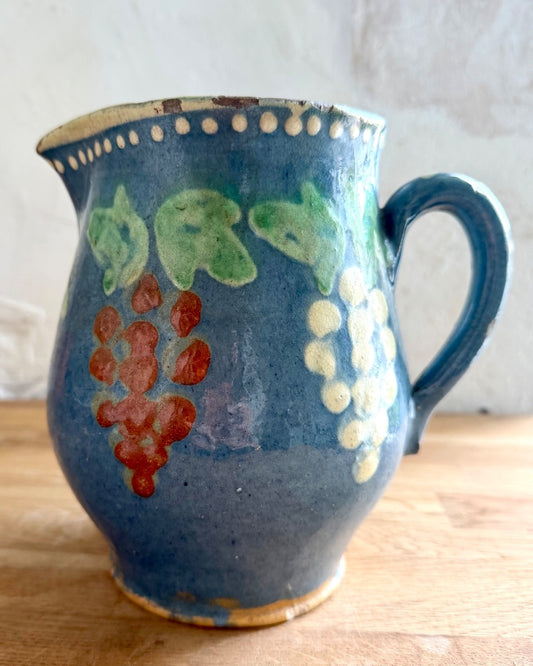 Large Antique 19th C French Jug Alsace Savoie Terracotta Pitcher Blue Decorated0
