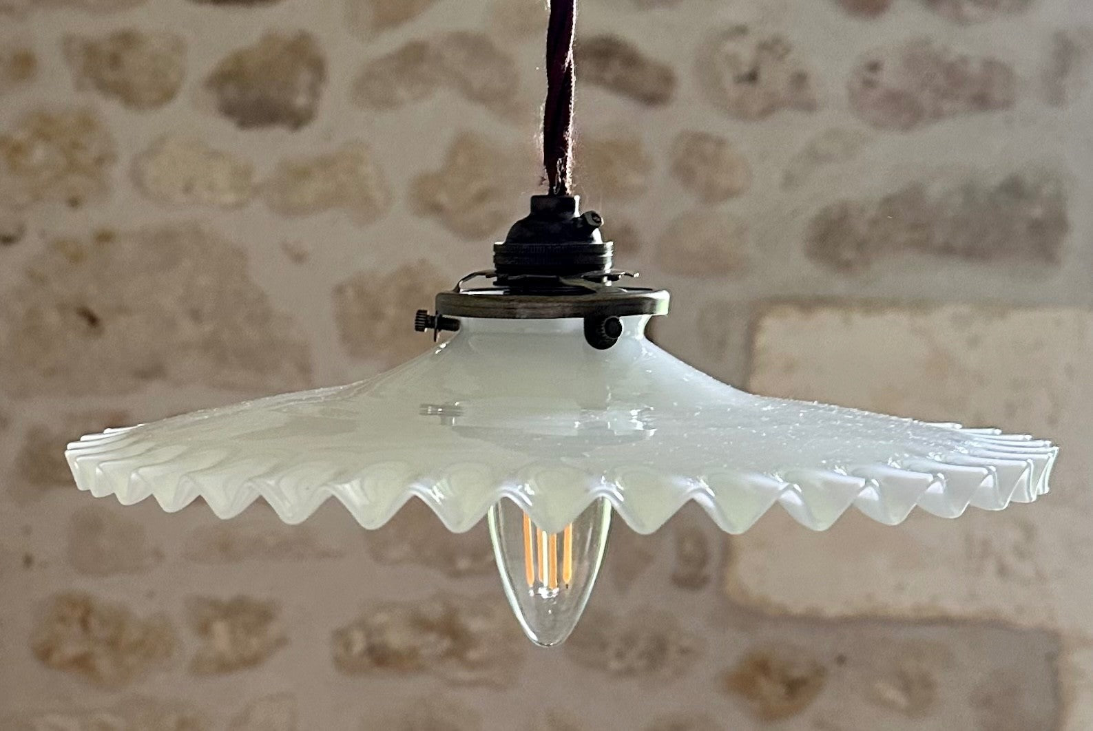 Vintage French all opaline piecrust coolie light shade & brass fittings4