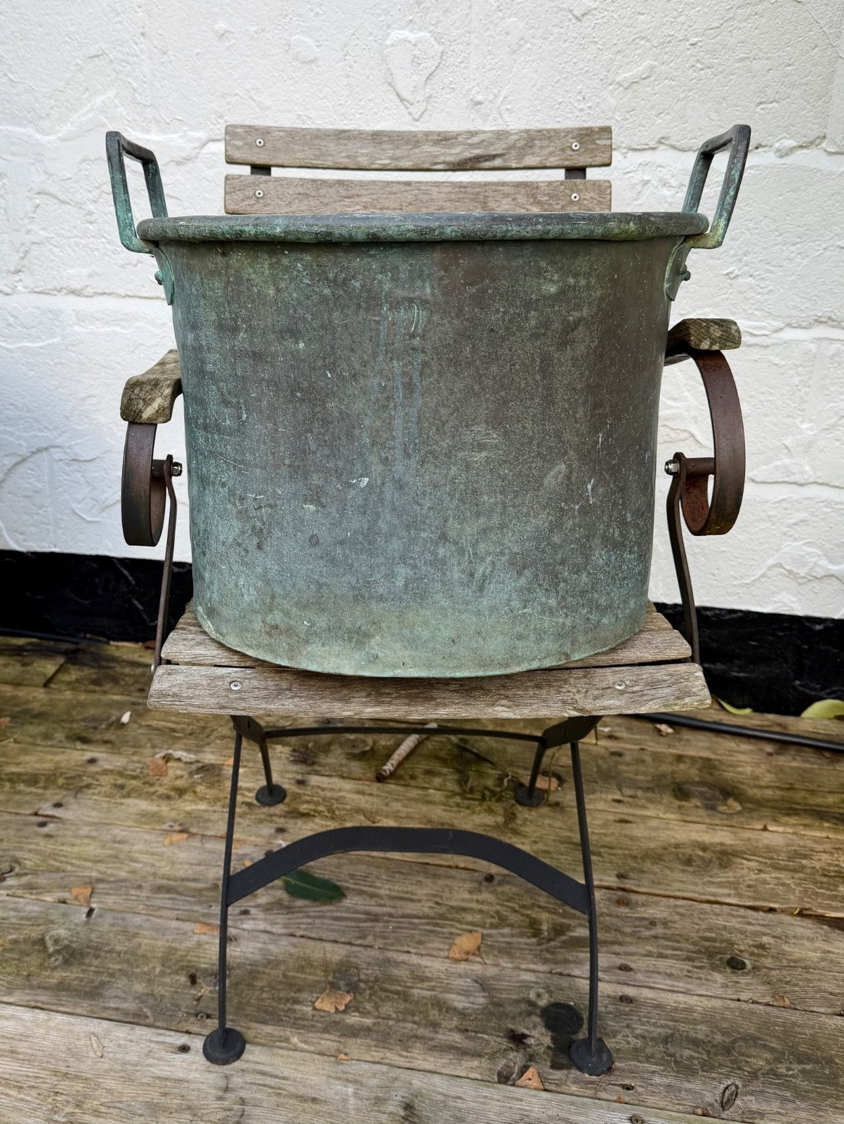 Large Antique French Copper Planter Handled Weathered Verdigree Tub Pot Log Bin8