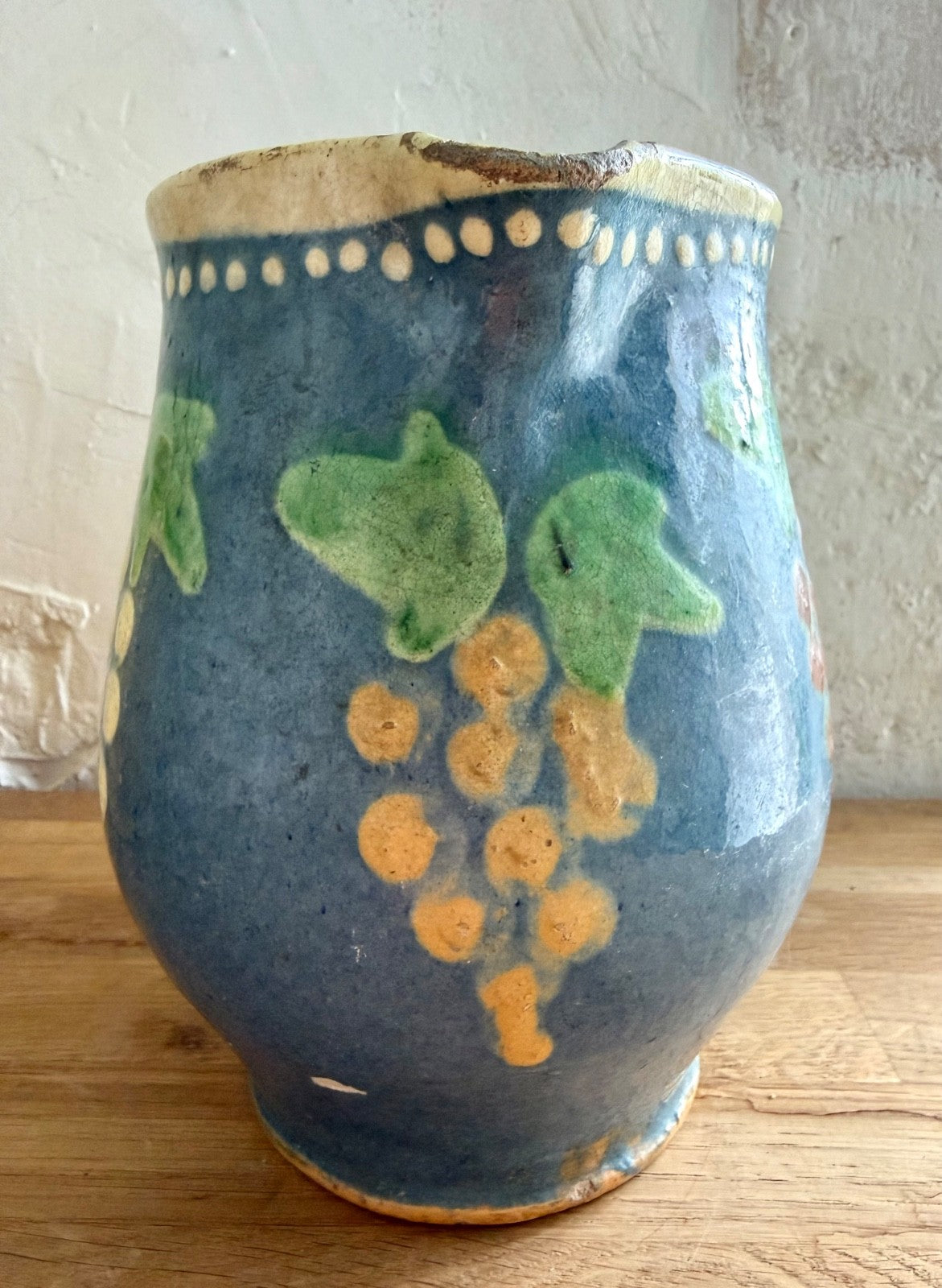 Large Antique 19th C French Jug Alsace Savoie Terracotta Pitcher Blue Decorated4
