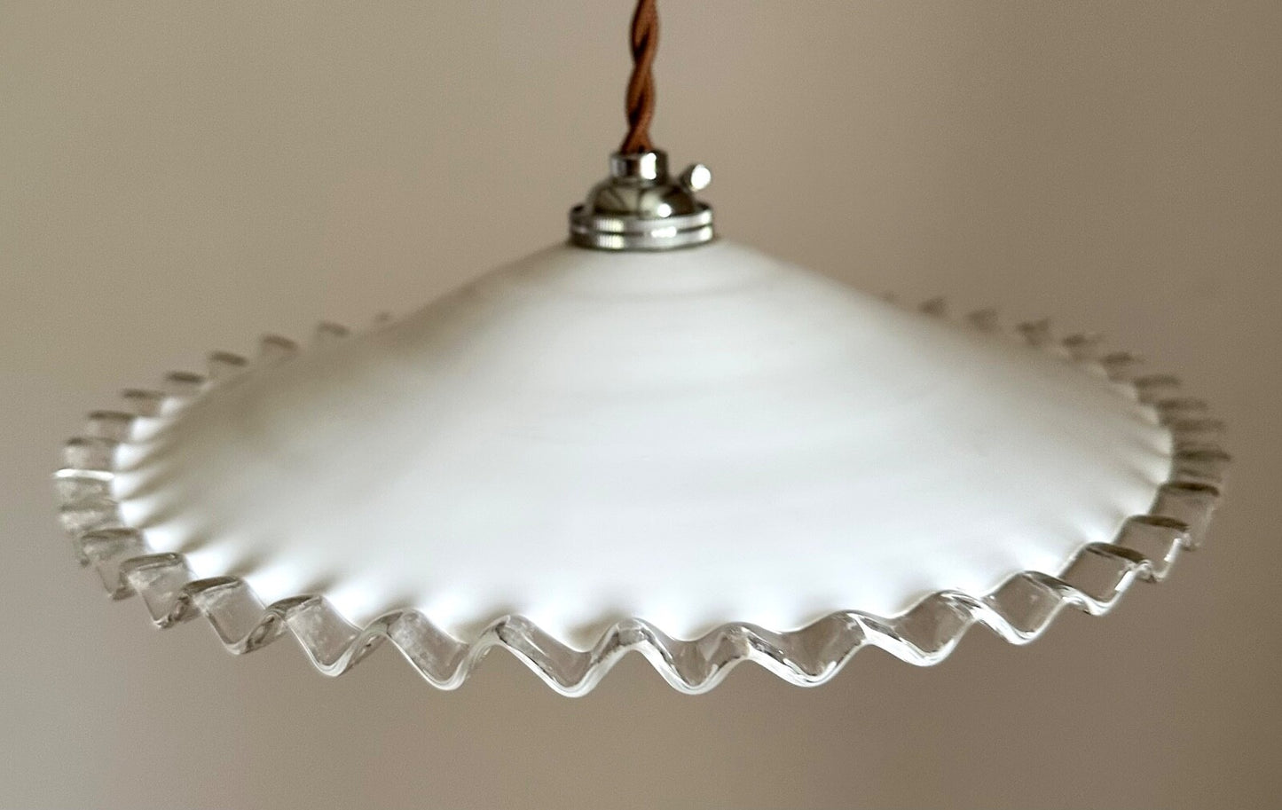 Vintage French opaline fused glass piecrust coolie ceiling light milk glass0