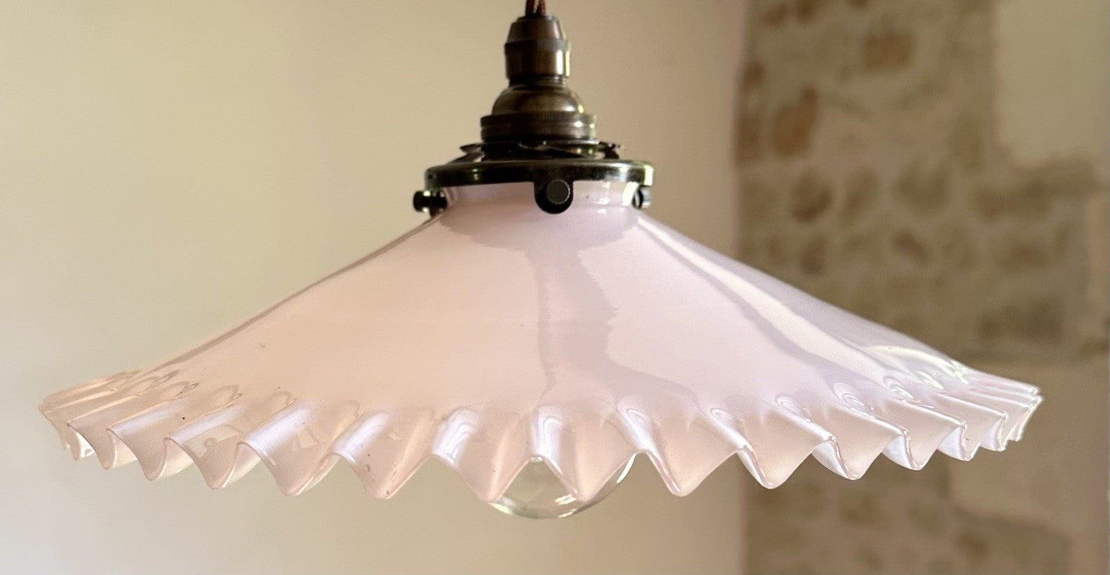 Vintage French opaline glass coolie pink piecrust ceiling light shade & fittings4