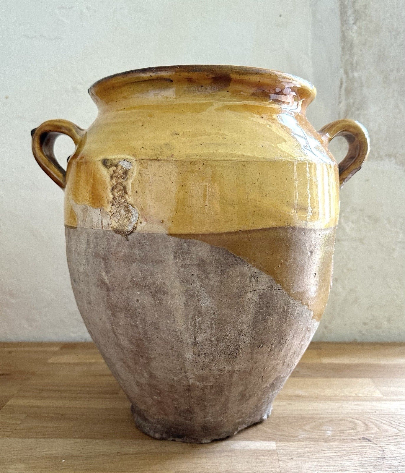 Large antique French Terracotta Provence Confit Jar Pot 19thC Yellow Glaze 28cm0