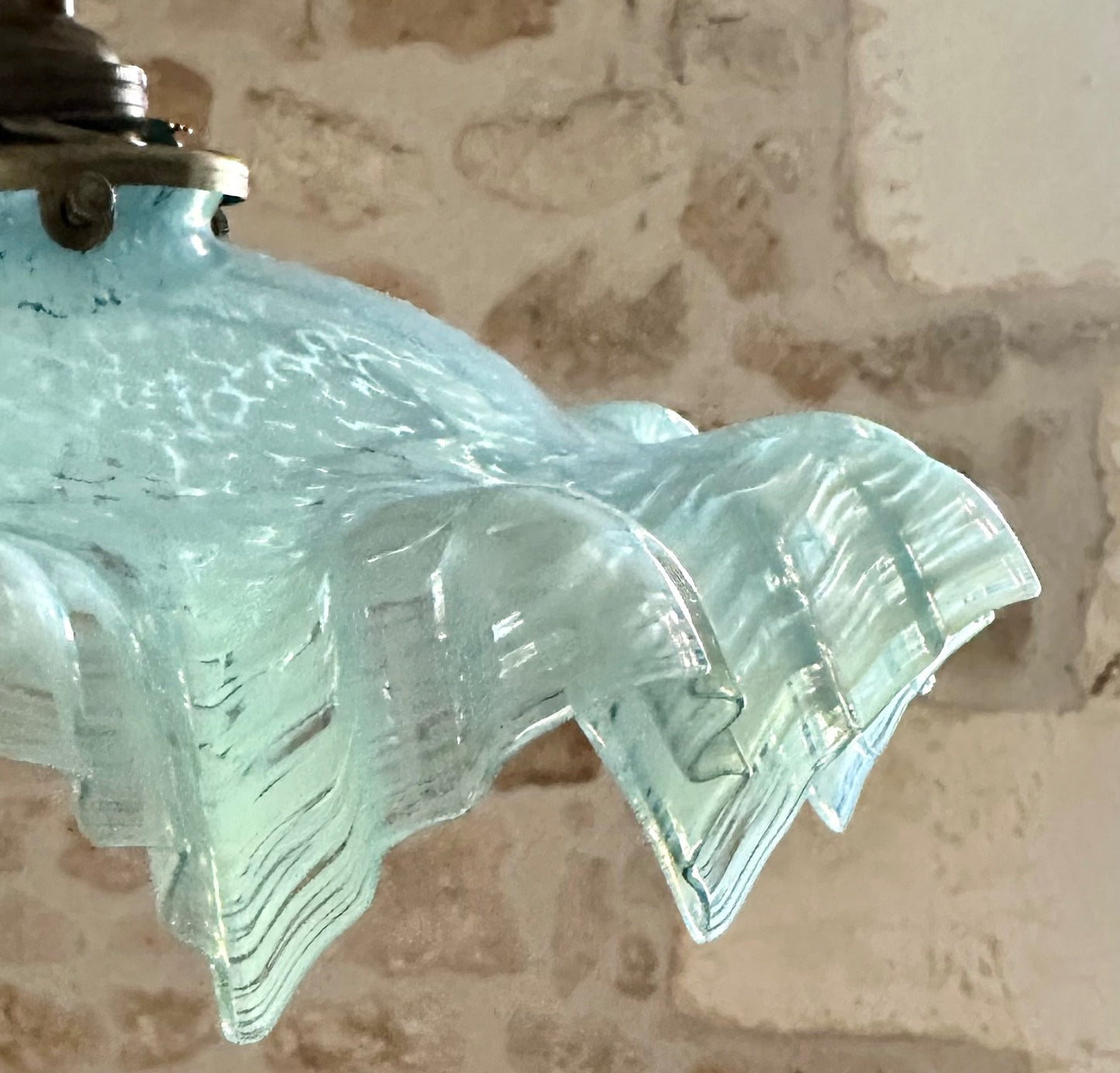 Vintage French marbled glass frilly coolie light shade blue + brass fittings2