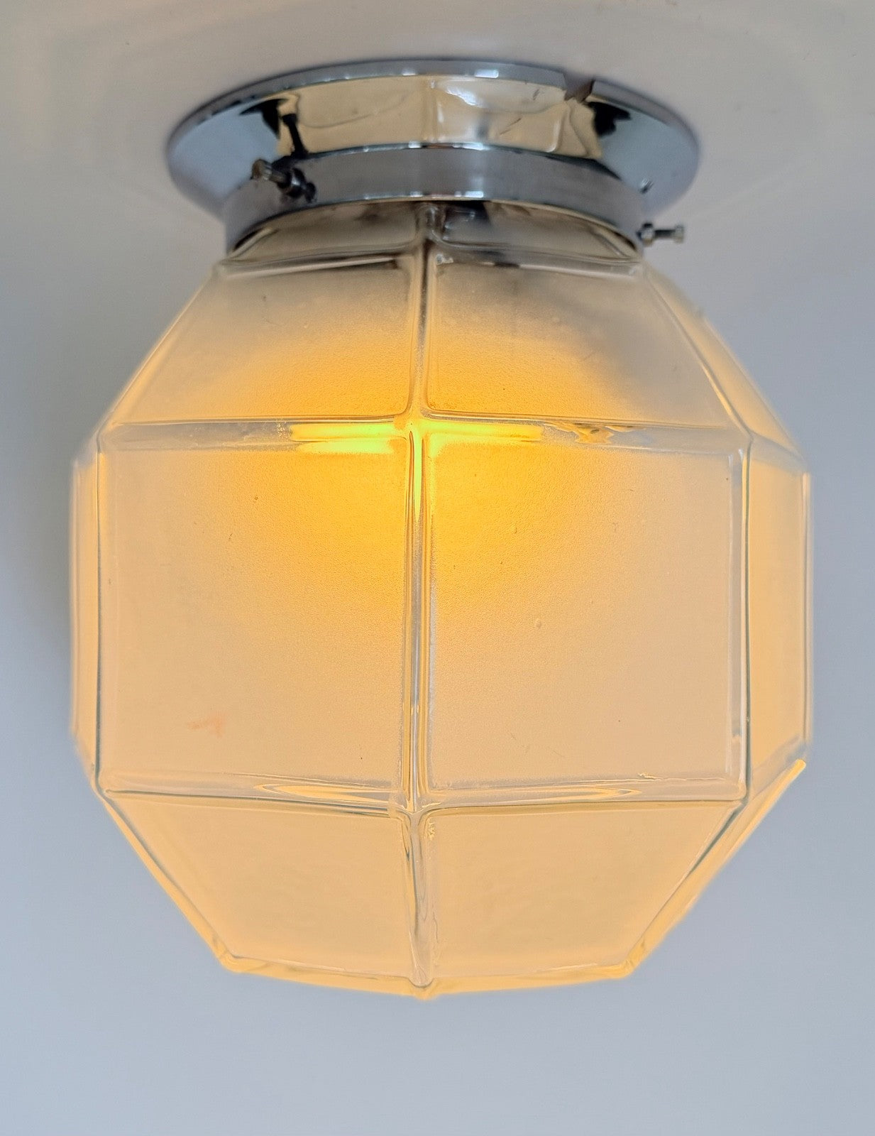 Vintage French Deco globe ceiling light faceted frosted glass chrome fittings2