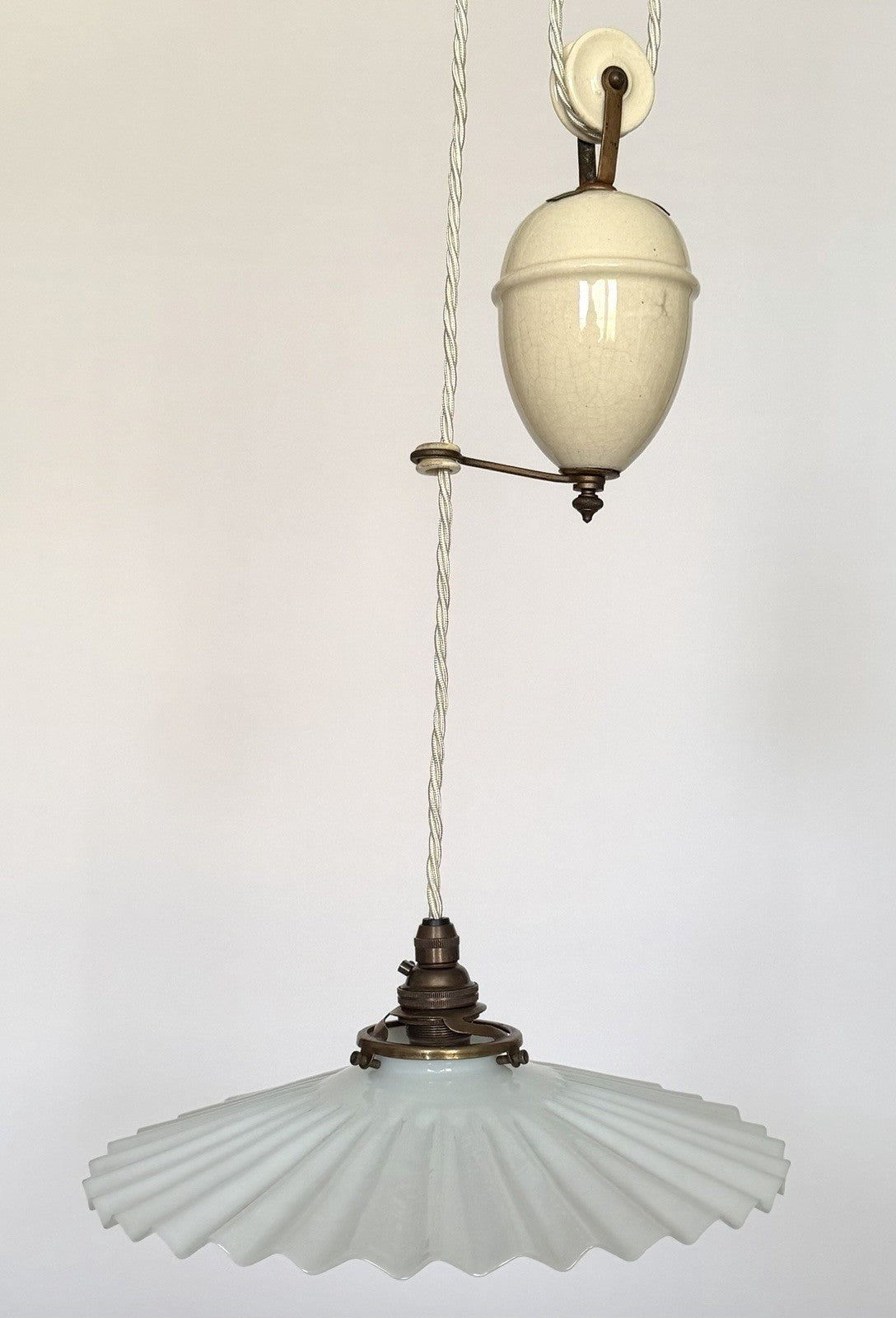 Antique original French rise & fall ceiling light pleated opaline glass shade Z1