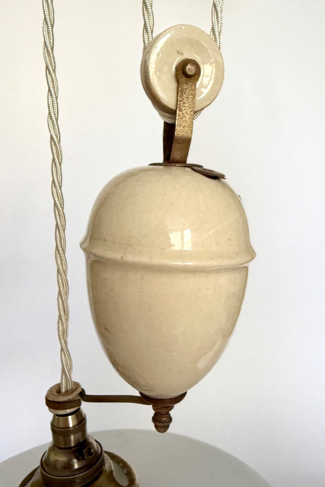 Antique original French rise & fall ceiling light opaline coolie glass shade T1