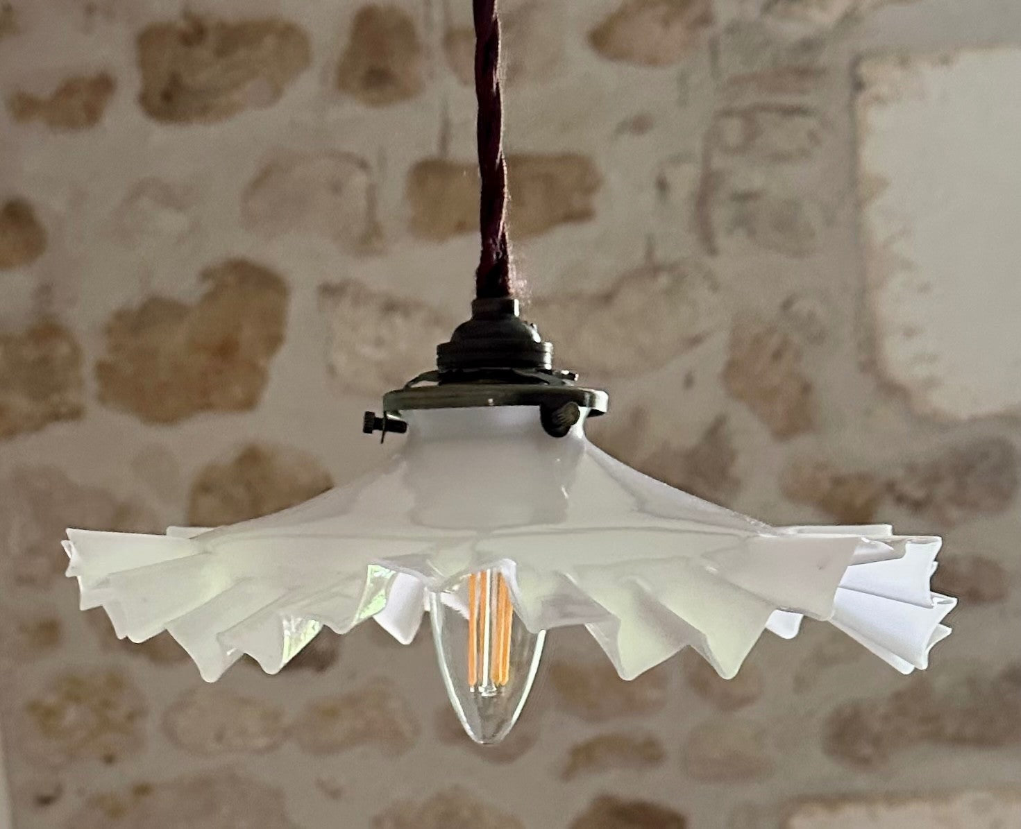 Vintage French opaline glass wavy pleated coolie light shade white + fittings4