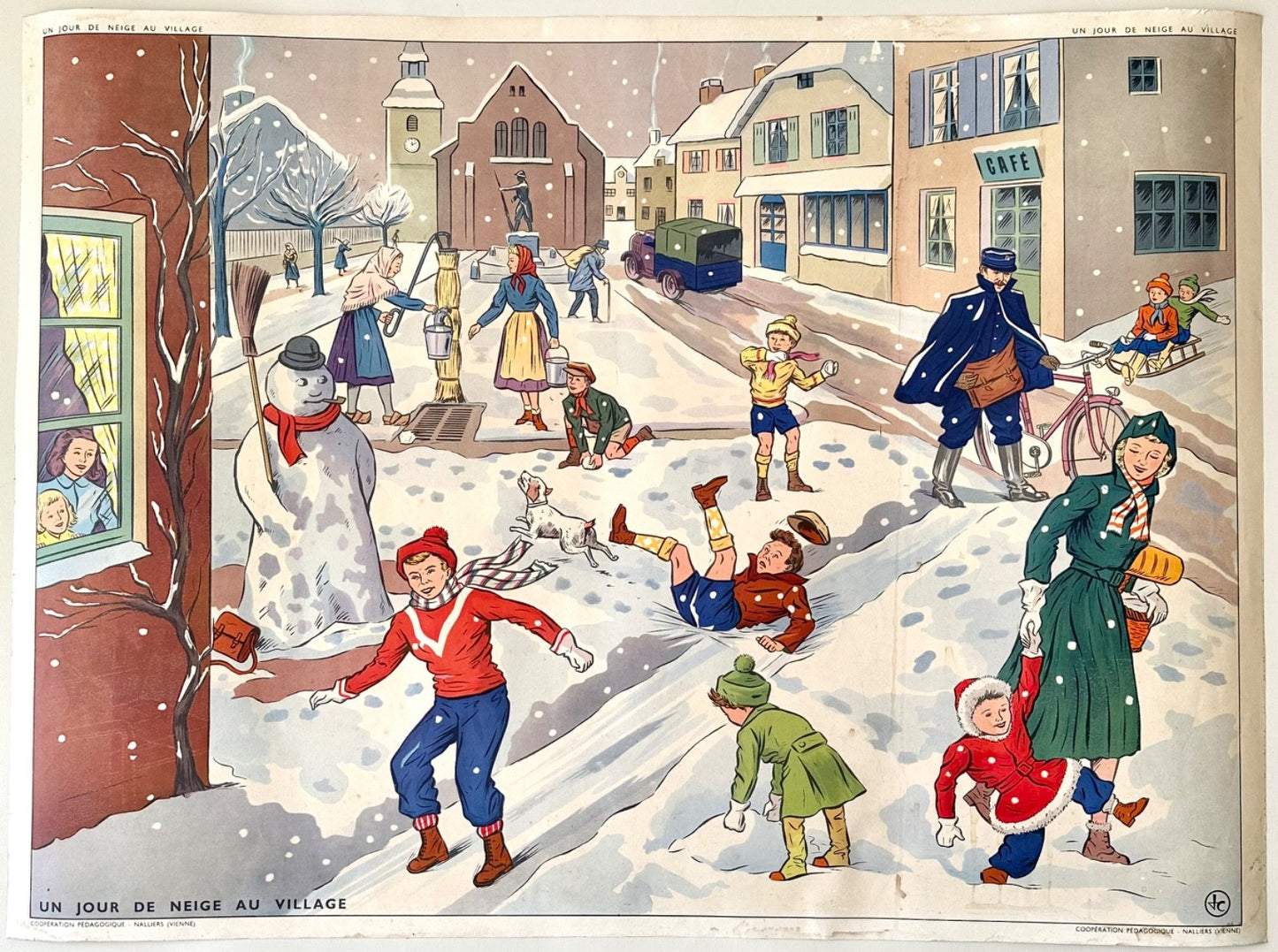1950s or 60s vintage French school poster doubledsided snow scene + post office0