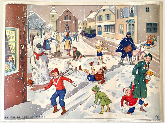 1950s or 60s vintage French school poster doubledsided snow scene + post office0