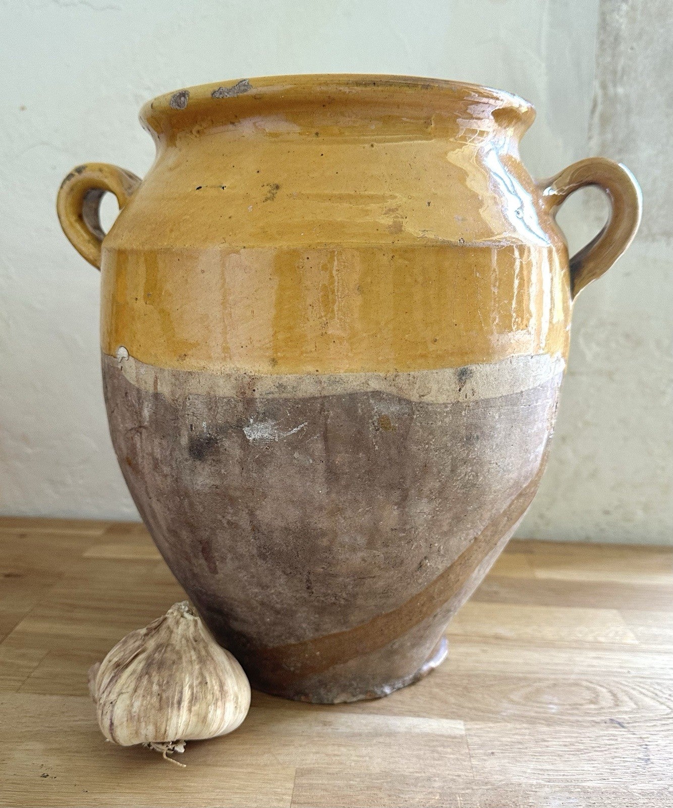 Large antique French Terracotta Provence Confit Jar Pot 19thC Yellow Glaze 28cm1