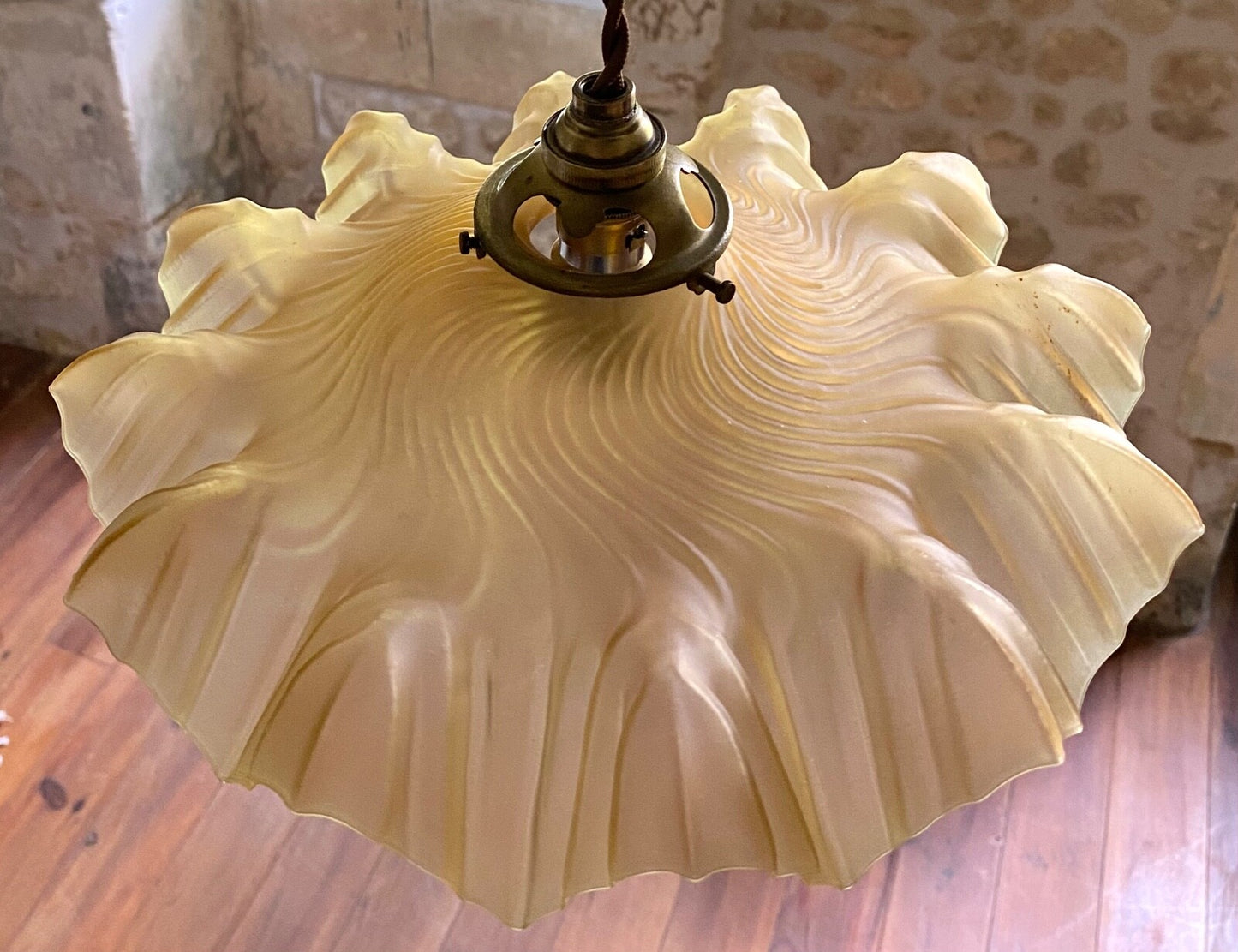 Vintage French frosted glass frilly coolie light shade gold + brass fittings1